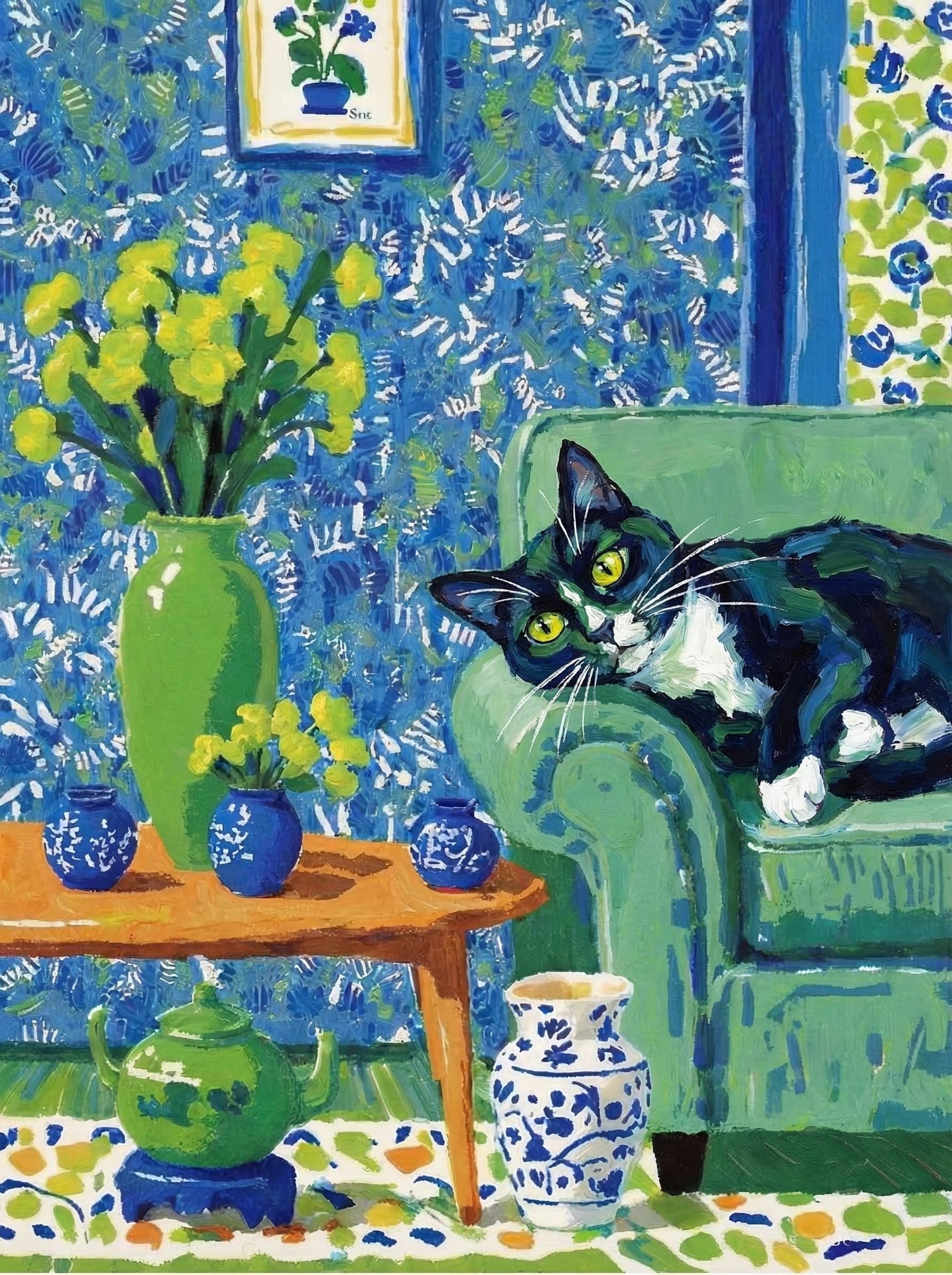 A pet lazy lying on the couch, with head tilt on the edge of couch, eye looking at the the vase. paint in post-impressionism style. Use saturated, non-naturalistic colors and flattened perspective reminiscent of Henri Matisse. painterly and expressive, utilizing thick, confident strokes and quick, rhythmic marks that prioritize texture and visual energy over realistic blending or depth.