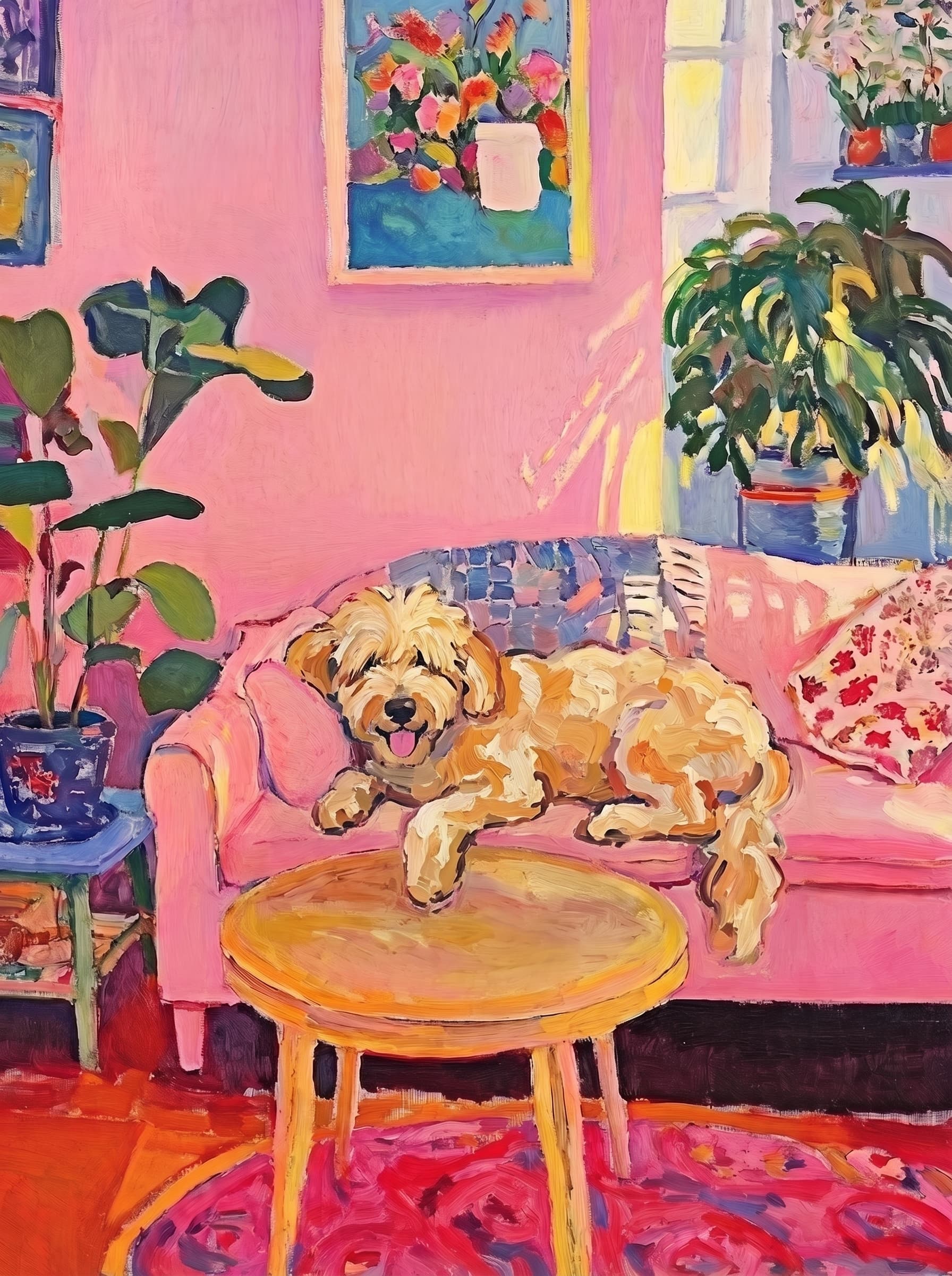 The painting shows a cozy, colorful interior with a warm pink wall and a large pink sofa in the foreground.
      The pet is resting lazily on a bright pink velvet sofa. The pet’s looked completely relaxed and content.
      The overall mood is cheerful and intimate, with bold outlines, visible brushstrokes, and slightly simplified forms.
      Art Style: Paint in Fauvism, post-impressionism style. Use simplified shapes, exaggerates color, and flattens perspective to create charm and personality.
Use saturated, non-naturalistic colors and flattened perspective reminiscent of Henri Matisse.
The brushwork is loose, visible, and painterly, with uneven strokes that give the surface texture and movement.
Paint with large areas of flat color patches, simplified shapes, bold decorative outlines, and minimal blending.
The composition is flattened and slightly distorted, with compressed perspective.
The painting is expressive, utilizing thick, confident strokes and quick, rhythmic marks that prioritize texture and visual energy over realistic blending or depth.