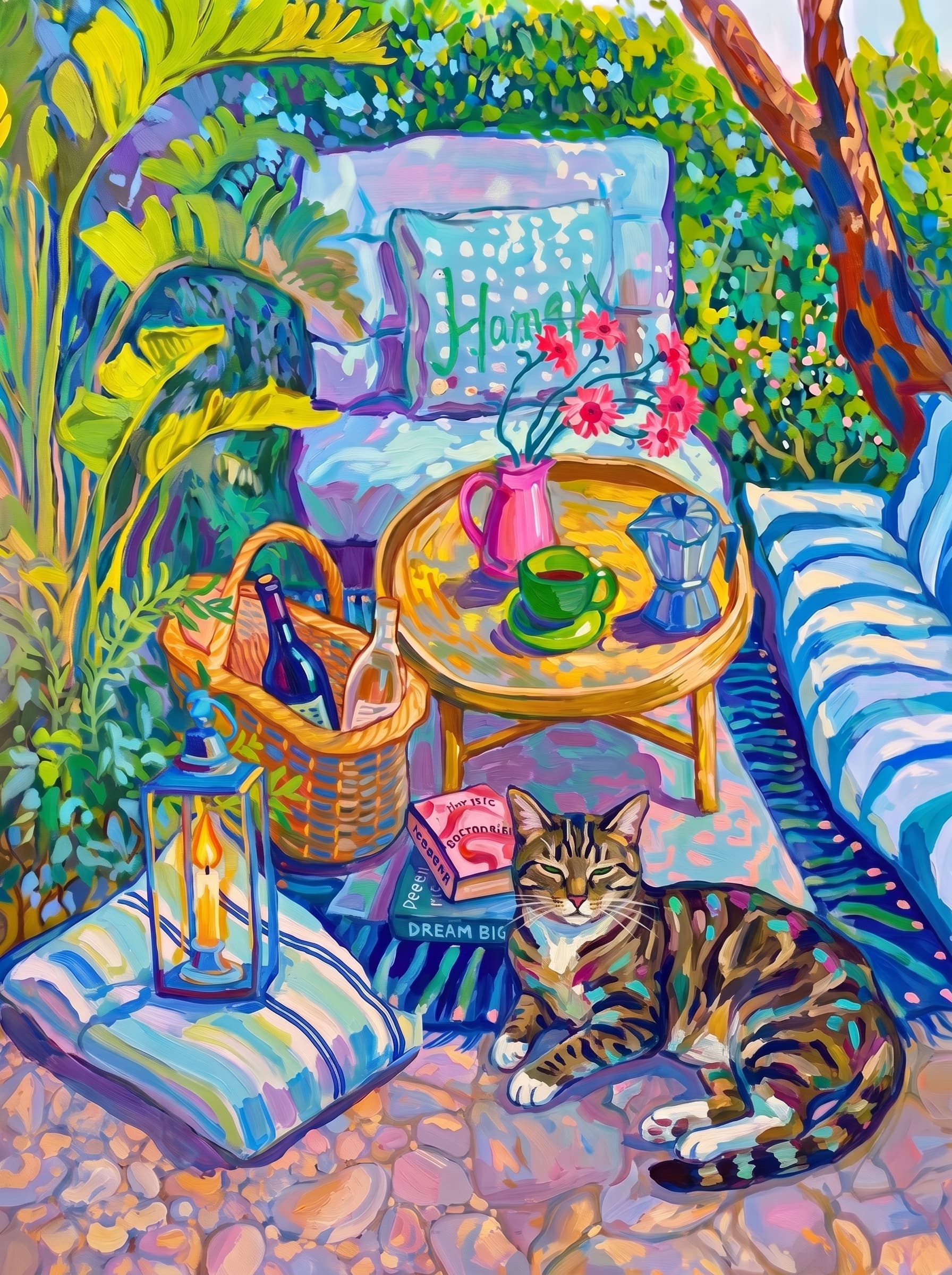 a cozy garden patio filled with lush tropical greenery, blue-and-white striped cushions, a round rattan table, picnic basket, lantern, books, flowers.
The pet is lazily resting in the foreground, almost fall asleep with a relaxed and content expression.
The composition feels intimate and inviting, with foliage and a tree trunk framing the scene, the circular table anchoring the center, and expressive brushwork plus dappled light creating a lively, relaxed outdoor atmosphere.
Art Style: Paint in Fauvism, post-impressionism style. Use simplified shapes, exaggerates color, and flattens perspective to create charm and personality.
Use saturated, non-naturalistic colors and flattened perspective reminiscent of Henri Matisse.
The brushwork is loose, visible, and painterly, with uneven strokes that give the surface texture and movement.
Paint with large areas of flat color patches, simplified shapes, bold decorative outlines, and minimal blending.
The composition is flattened and slightly distorted, with compressed perspective.
The painting is expressive, utilizing thick, confident strokes and quick, rhythmic marks that prioritize texture and visual energy over realistic blending or depth.