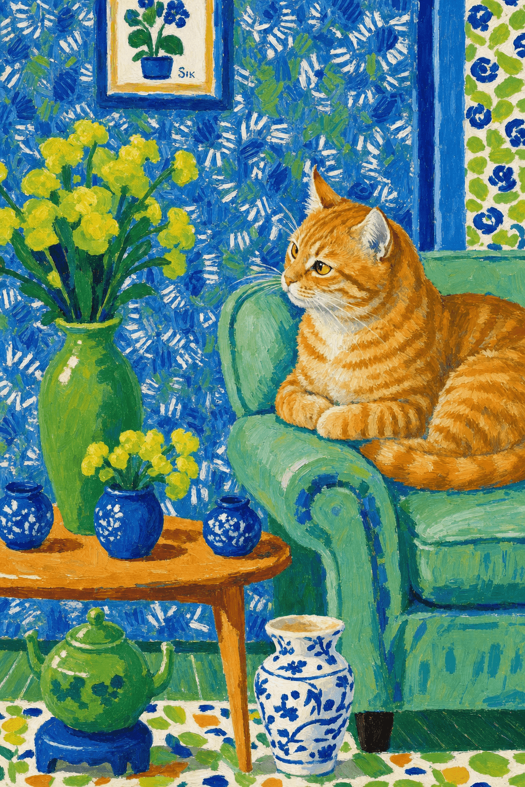 A pet lazy lying on the couch, with head tilt on the edge of couch, eye looking at the the vase. paint in post-impressionism style. Use saturated, non-naturalistic colors and flattened perspective reminiscent of Henri Matisse. painterly and expressive, utilizing thick, confident strokes and quick, rhythmic marks that prioritize texture and visual energy over realistic blending or depth.