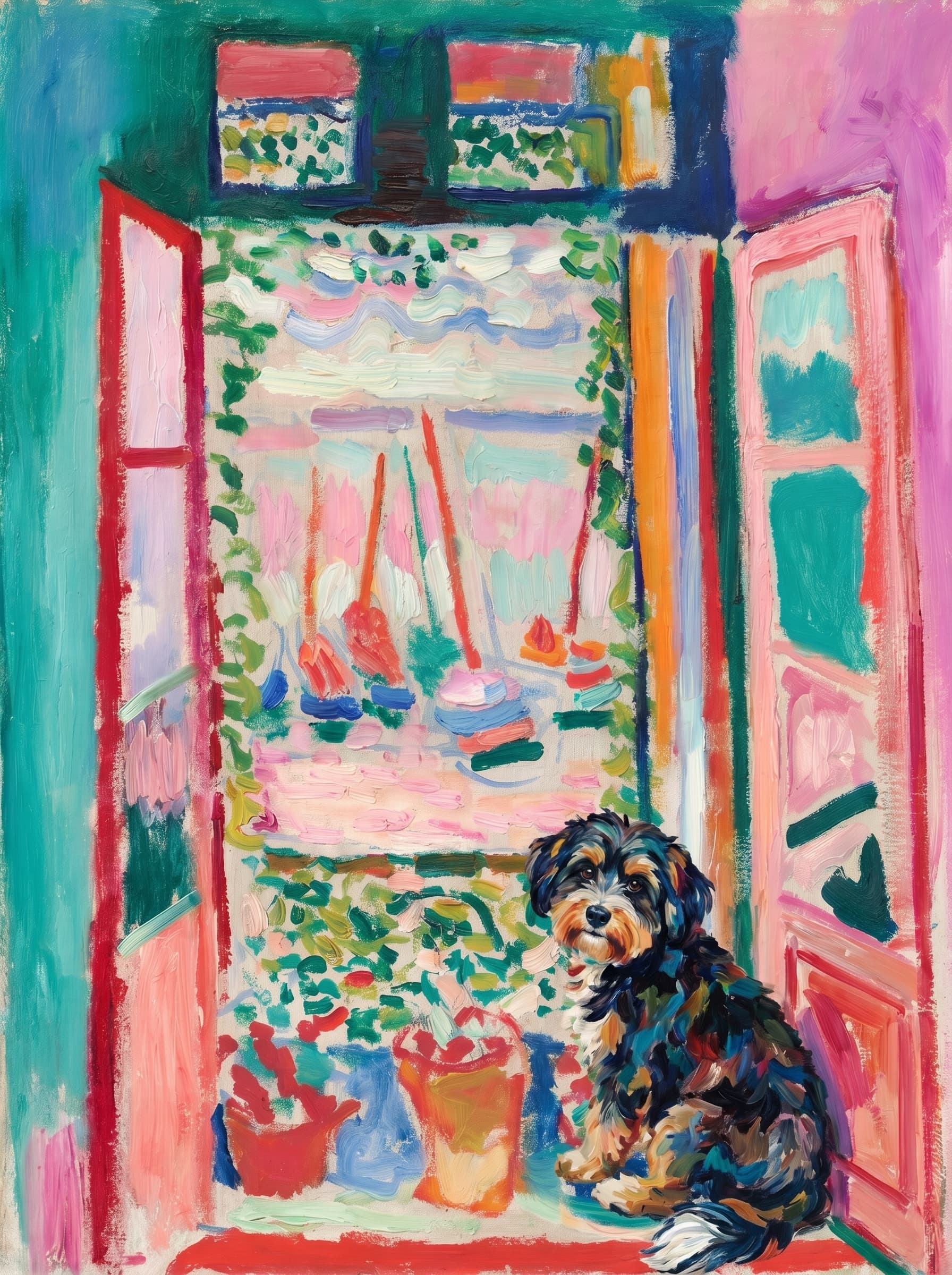 A pet sitting on the right bottom frame of an open door, with its back to the opening while facing the room, looking at the viewer, slight leaning on the right-side door panel. Paint in post-impressionism style. Use loosely painted, vibrantly colored, stylized, vertical painting.