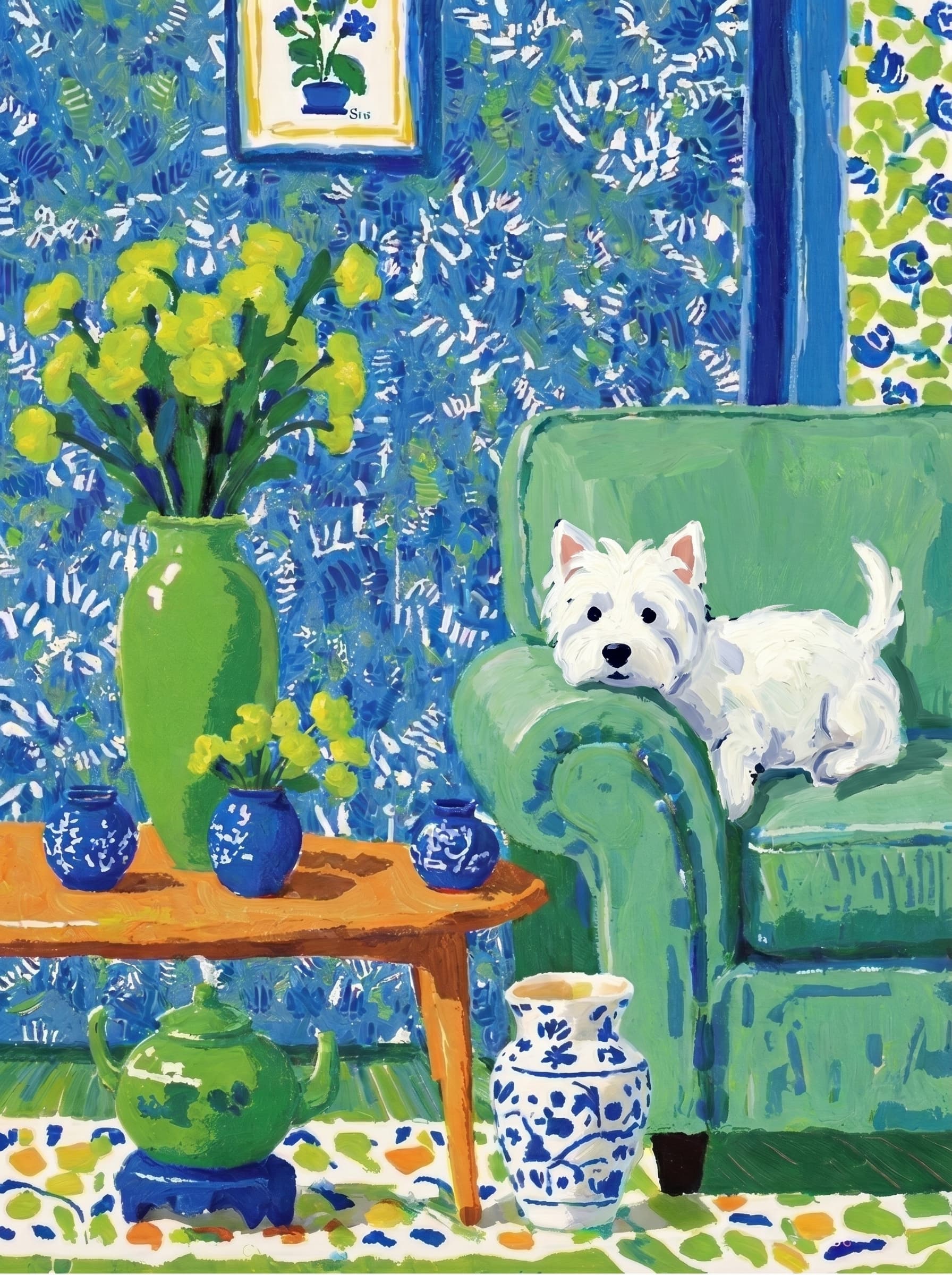 A pet lazy lying on the couch, with head tilt on the edge of couch, eye looking at the the vase. Art Style: Paint in Fauvism, post-impressionism style. Use simplified shapes, exaggerates color, and flattens perspective to create charm and personality.
Use saturated, non-naturalistic colors and flattened perspective reminiscent of Henri Matisse.
The brushwork is loose, visible, and painterly, with uneven strokes that give the surface texture and movement.
Paint with large areas of flat color patches, simplified shapes, bold decorative outlines, and minimal blending.
The composition is flattened and slightly distorted, with compressed perspective.
The painting is expressive, utilizing thick, confident strokes and quick, rhythmic marks that prioritize texture and visual energy over realistic blending or depth.