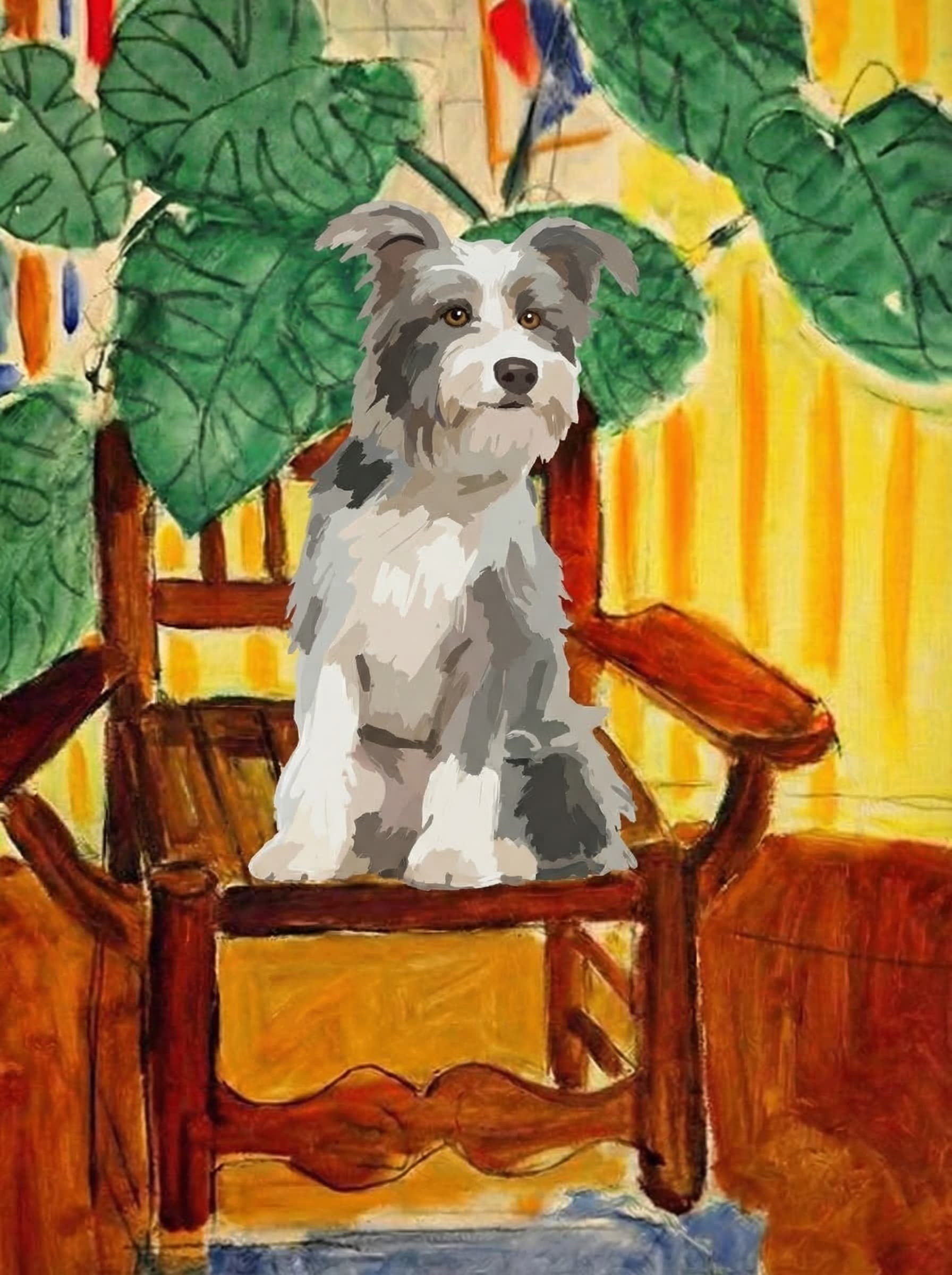 A pet sitting on a brown chair, looking at the viewer. Colors are applied with minimal blending, creating a flat, illustrative feel. The brushwork is broad, rapid, and direct. Strokes are loose, visible, applied thinly, defining the forms quickly without building up significant physical texture or impasto on the surface.