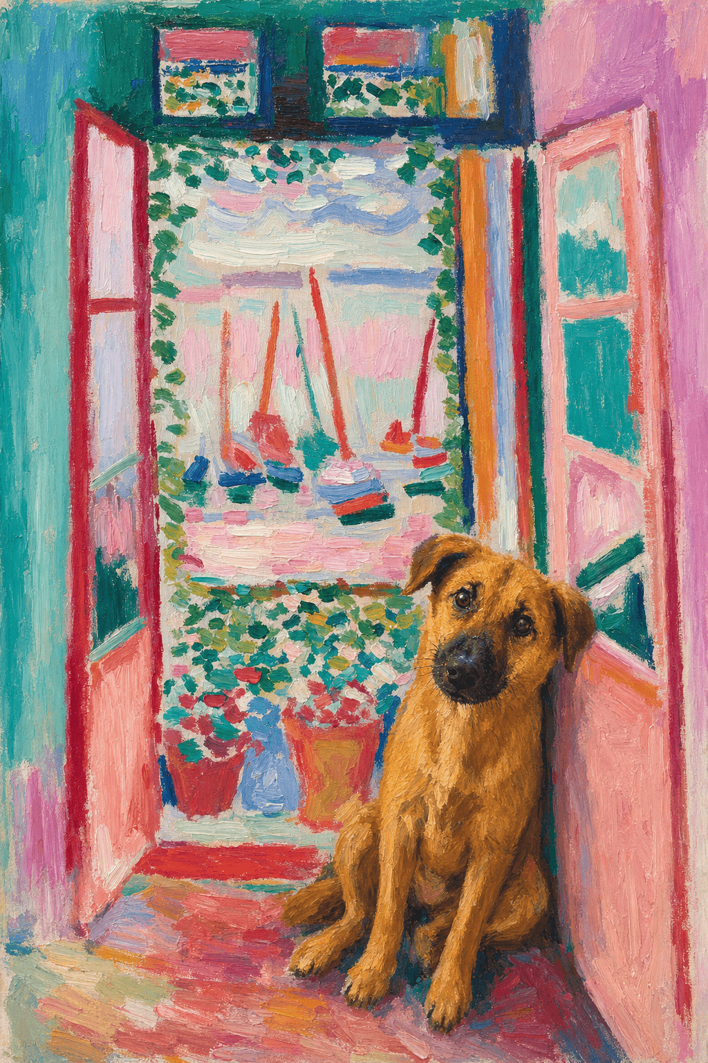 A pet sitting on the right bottom frame of an open door, with its back to the opening while facing the room, looking at the viewer, slight leaning on the right-side door panel. Paint in post-impressionism style. Use loosely painted, vibrantly colored, stylized, vertical painting.