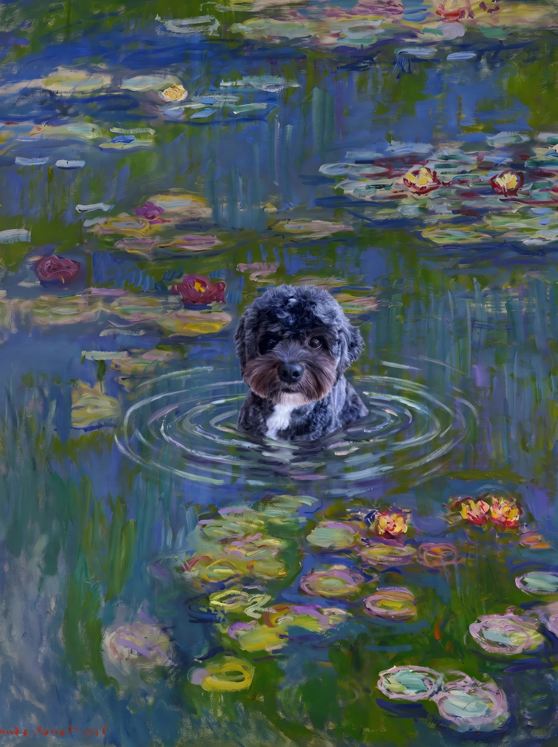 The pet should appear naturally integrated into the middle of the pond, swimming calmly through the water with only its head, upper neck, and a subtle suggestion of its back visible above the surface.
The pet should be facing forward and looking directly at the viewer. Its wet fur should be suggested through painterly strokes.
Blend the pet into the scene using Monet-like impressionist oil painting techniques: visible layered brushstrokes, soft broken color, blue-green reflections, violet shadows, golden-orange highlights, and shimmering ripples around the pet.
The water should partially obscure the pet’s body, with delicate circular ripples spreading outward. Nearby lily pads and water lilies should remain undisturbed but subtly interact with the ripples.
The pet must feel like it was originally painted into the artwork, not pasted on top. Match the atmospheric softness, painterly texture, scale, perspective, and color harmony of the original Water Lilies painting.
Avoid photorealism, sharp outlines, modern digital effects, or excessive detail. The final image should look like a whimsical impressionist oil painting in the spirit of late Monet, with the pet quietly swimming among the lily pads at the center of the pond.
Art Style: Paint in Fauvism, post-impressionism style. Use simplified shapes, exaggerates color, and flattens perspective to create charm and personality.
Use saturated, non-naturalistic colors and flattened perspective reminiscent of Henri Matisse.
The brushwork is loose, visible, and painterly, with uneven strokes that give the surface texture and movement.
Paint with large areas of flat color patches, simplified shapes, bold decorative outlines, and minimal blending.
The composition is flattened and slightly distorted, with compressed perspective.
The painting is expressive, utilizing thick, confident strokes and quick, rhythmic marks that prioritize texture and visual energy over realistic blending or depth.