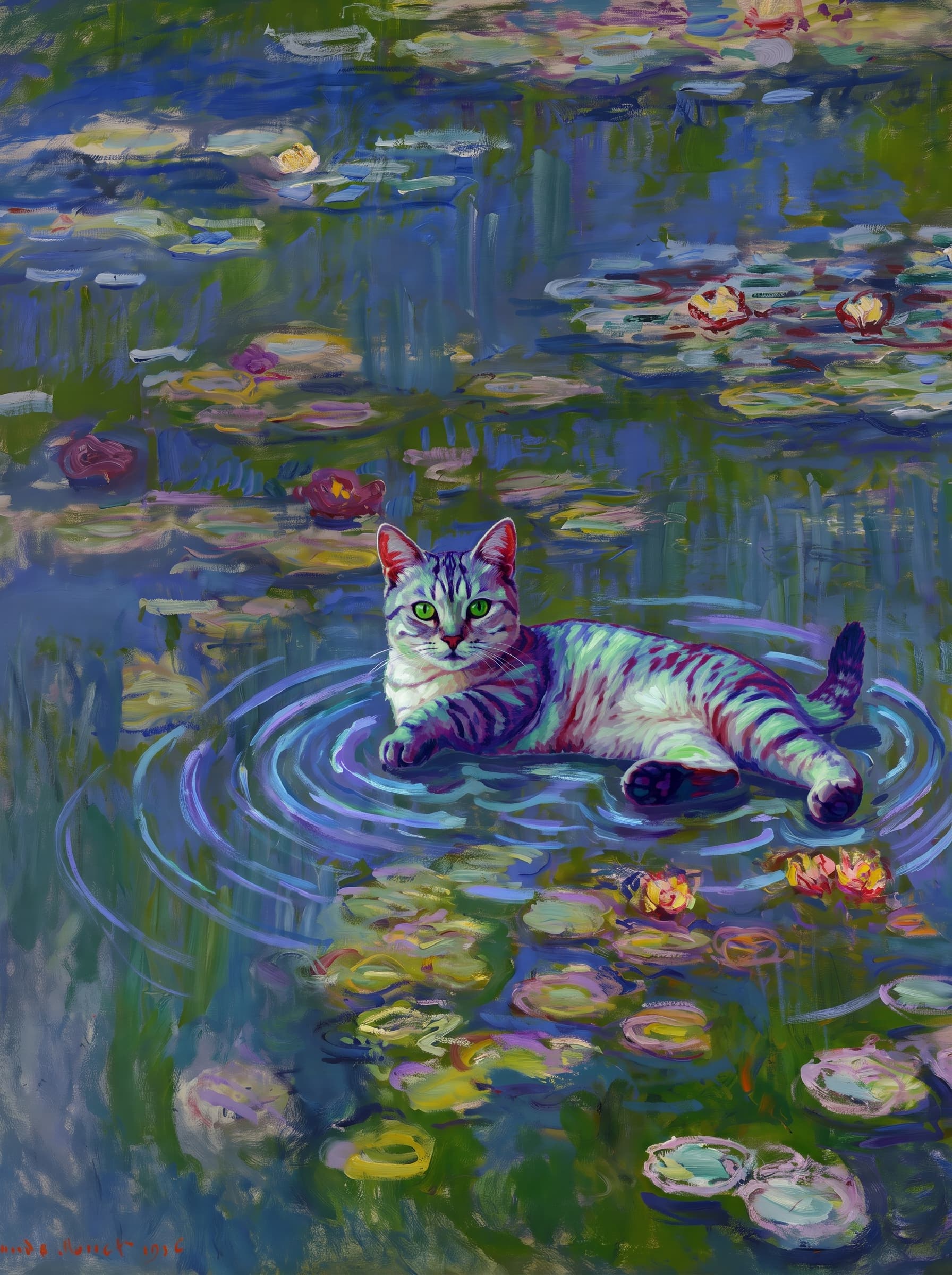 The pet should appear naturally integrated into the middle of the pond, swimming calmly through the water with only its head, upper neck, and a subtle suggestion of its back visible above the surface.
The pet should be facing forward and looking directly at the viewer. Its wet fur should be suggested through painterly strokes.
Blend the pet into the scene using Monet-like impressionist oil painting techniques: visible layered brushstrokes, soft broken color, blue-green reflections, violet shadows, golden-orange highlights, and shimmering ripples around the pet.
The water should partially obscure the pet’s body, with delicate circular ripples spreading outward. Nearby lily pads and water lilies should remain undisturbed but subtly interact with the ripples.
The pet must feel like it was originally painted into the artwork, not pasted on top. Match the atmospheric softness, painterly texture, scale, perspective, and color harmony of the original Water Lilies painting.
Avoid photorealism, sharp outlines, modern digital effects, or excessive detail. The final image should look like a whimsical impressionist oil painting in the spirit of late Monet, with the pet quietly swimming among the lily pads at the center of the pond.
Art Style: Paint in Fauvism, post-impressionism style. Use simplified shapes, exaggerates color, and flattens perspective to create charm and personality.
Use saturated, non-naturalistic colors and flattened perspective reminiscent of Henri Matisse.
The brushwork is loose, visible, and painterly, with uneven strokes that give the surface texture and movement.
Paint with large areas of flat color patches, simplified shapes, bold decorative outlines, and minimal blending.
The composition is flattened and slightly distorted, with compressed perspective.
The painting is expressive, utilizing thick, confident strokes and quick, rhythmic marks that prioritize texture and visual energy over realistic blending or depth.
