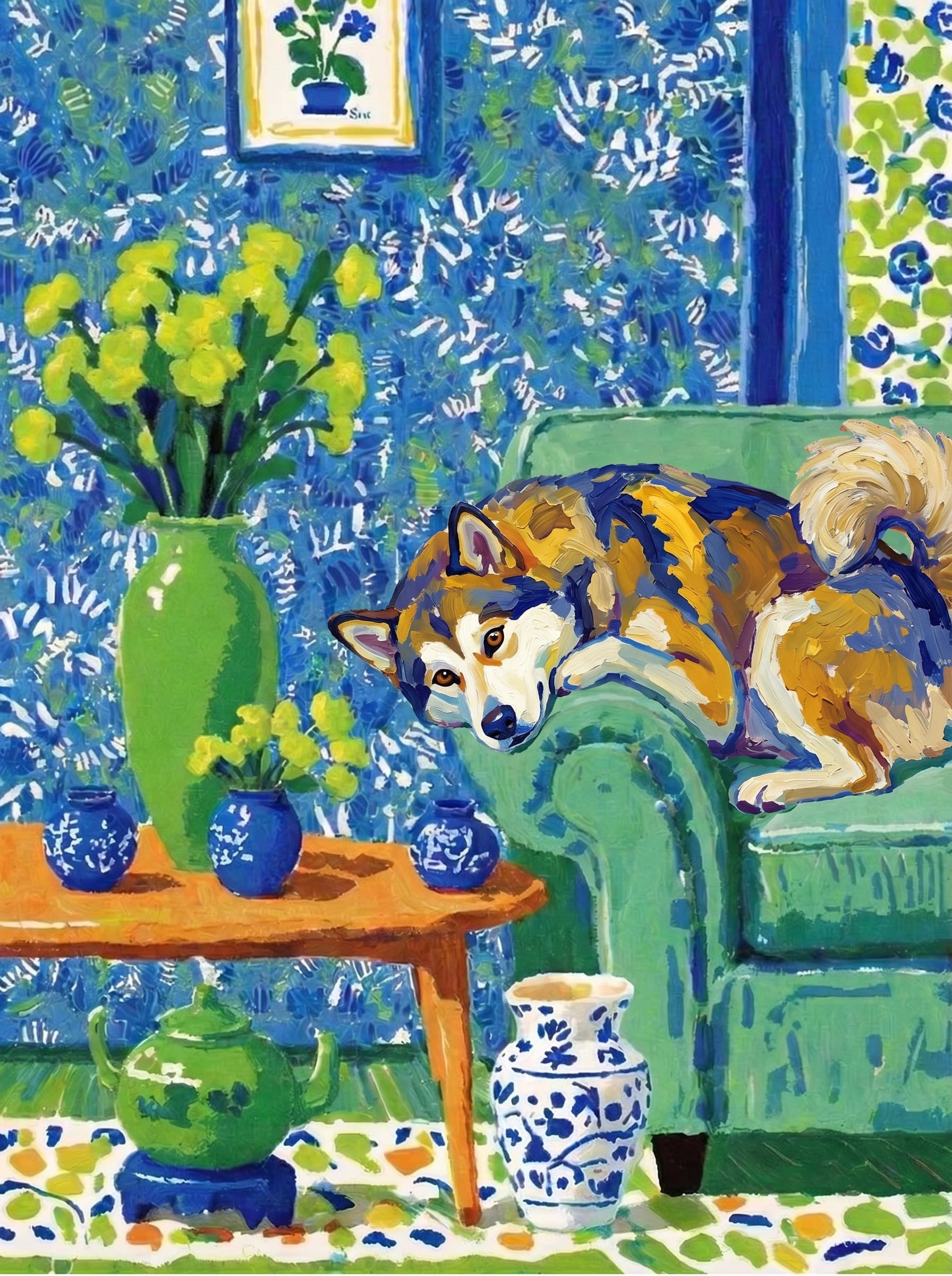 A pet lazy lying on the couch, with head tilt on the edge of couch, eye looking at the the vase. paint in post-impressionism style. Use saturated, non-naturalistic colors and flattened perspective reminiscent of Henri Matisse. painterly and expressive, utilizing thick, confident strokes and quick, rhythmic marks that prioritize texture and visual energy over realistic blending or depth.