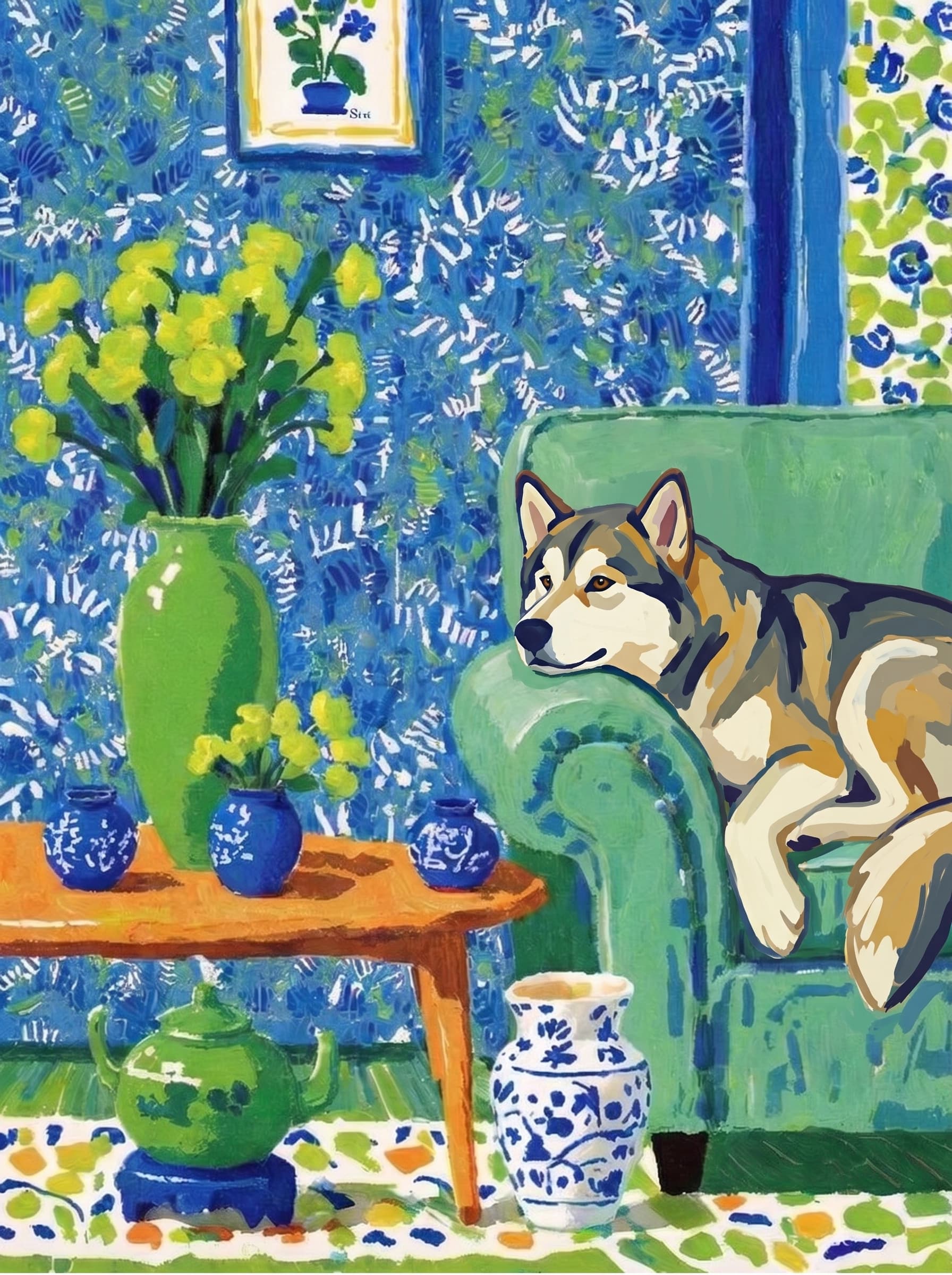 A pet lazy lying on the couch, with head tilt on the edge of couch, eye looking at the the vase. Art Style: Paint in Fauvism, post-impressionism style. Use simplified shapes, exaggerates color, and flattens perspective to create charm and personality.
Use saturated, non-naturalistic colors and flattened perspective reminiscent of Henri Matisse.
The brushwork is loose, visible, and painterly, with uneven strokes that give the surface texture and movement.
Paint with large areas of flat color patches, simplified shapes, bold decorative outlines, and minimal blending.
The composition is flattened and slightly distorted, with compressed perspective.
The painting is expressive, utilizing thick, confident strokes and quick, rhythmic marks that prioritize texture and visual energy over realistic blending or depth.