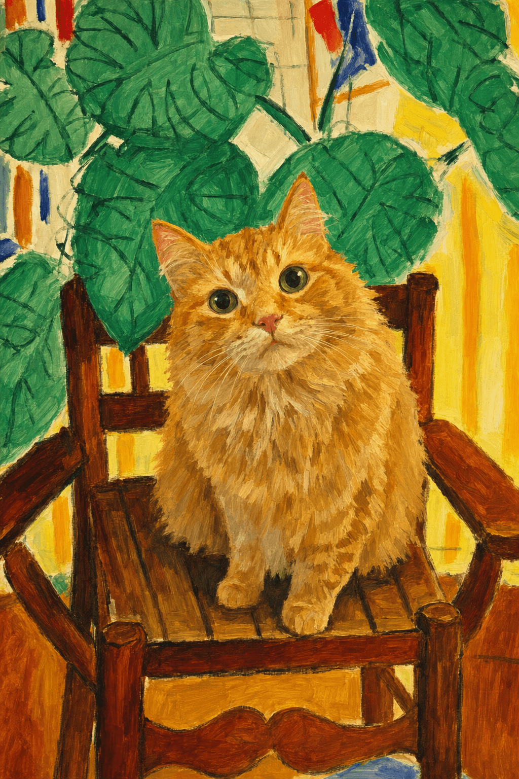 A pet sitting on a brown chair, looking at the viewer. Colors are applied with minimal blending, creating a flat, illustrative feel. The brushwork is broad, rapid, and direct. Strokes are loose, visible, applied thinly, defining the forms quickly without building up significant physical texture or impasto on the surface.