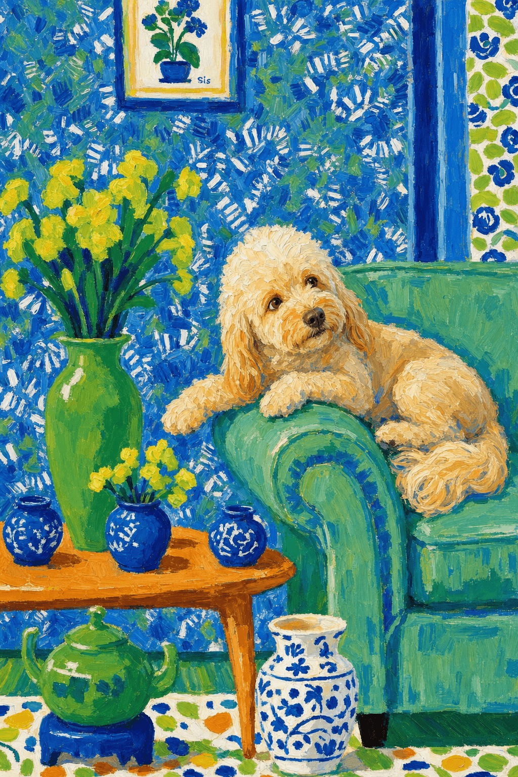 A pet lazy lying on the couch, with head tilt on the edge of couch, eye looking at the the vase. paint in post-impressionism style. Use saturated, non-naturalistic colors and flattened perspective reminiscent of Henri Matisse. painterly and expressive, utilizing thick, confident strokes and quick, rhythmic marks that prioritize texture and visual energy over realistic blending or depth.