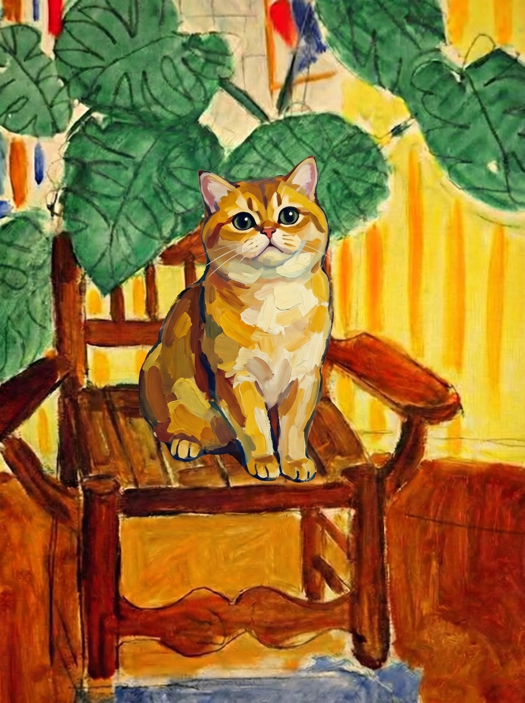 A pet sitting on a brown chair, looking at the viewer. Art Style: Paint in Fauvism, post-impressionism style. Use simplified shapes, exaggerates color, and flattens perspective to create charm and personality.
Use saturated, non-naturalistic colors and flattened perspective reminiscent of Henri Matisse.
The brushwork is loose, visible, and painterly, with uneven strokes that give the surface texture and movement.
Paint with large areas of flat color patches, simplified shapes, bold decorative outlines, and minimal blending.
The composition is flattened and slightly distorted, with compressed perspective.
The painting is expressive, utilizing thick, confident strokes and quick, rhythmic marks that prioritize texture and visual energy over realistic blending or depth.