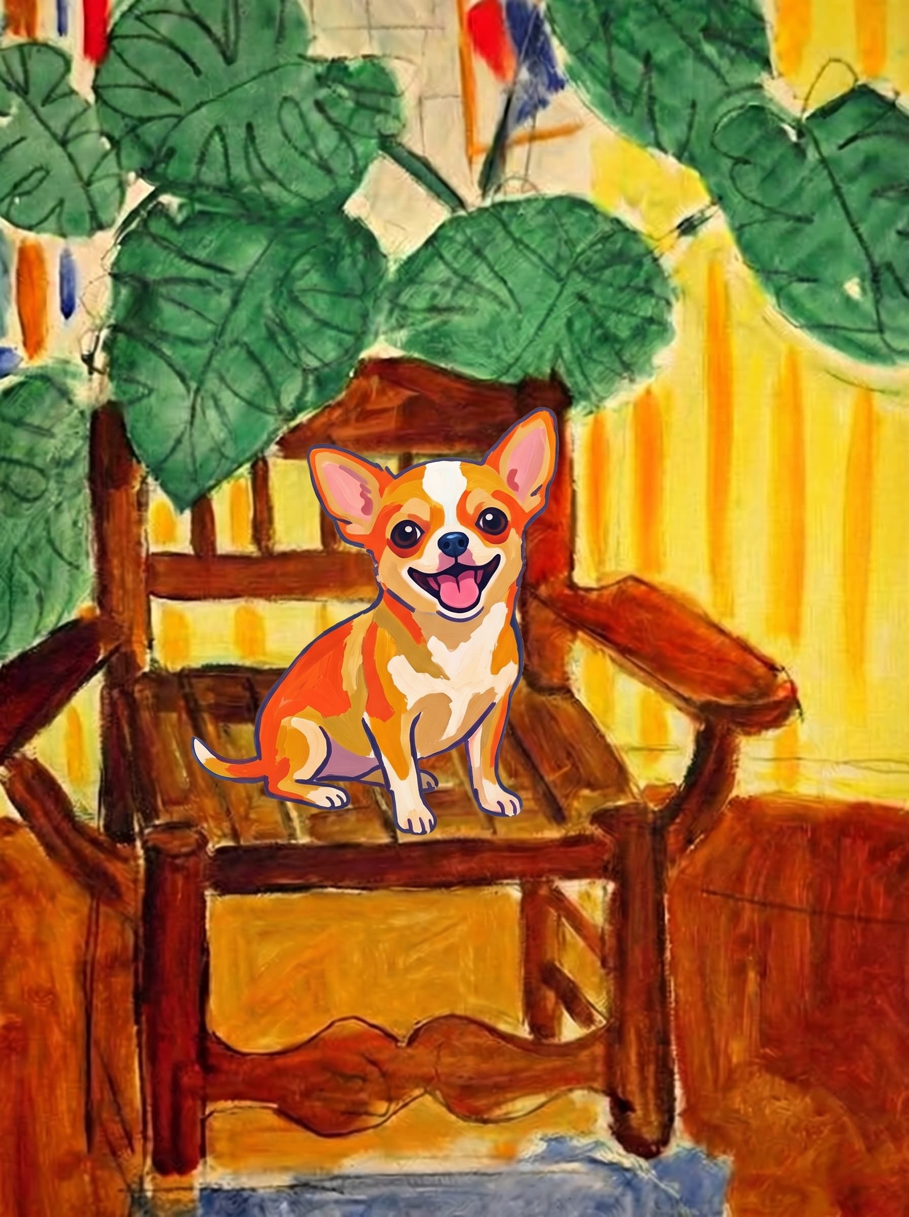 A pet sitting on a brown chair, looking at the viewer. Art Style: Paint in Fauvism, post-impressionism style. Use simplified shapes, exaggerates color, and flattens perspective to create charm and personality.
Use saturated, non-naturalistic colors and flattened perspective reminiscent of Henri Matisse.
The brushwork is loose, visible, and painterly, with uneven strokes that give the surface texture and movement.
Paint with large areas of flat color patches, simplified shapes, bold decorative outlines, and minimal blending.
The composition is flattened and slightly distorted, with compressed perspective.
The painting is expressive, utilizing thick, confident strokes and quick, rhythmic marks that prioritize texture and visual energy over realistic blending or depth.