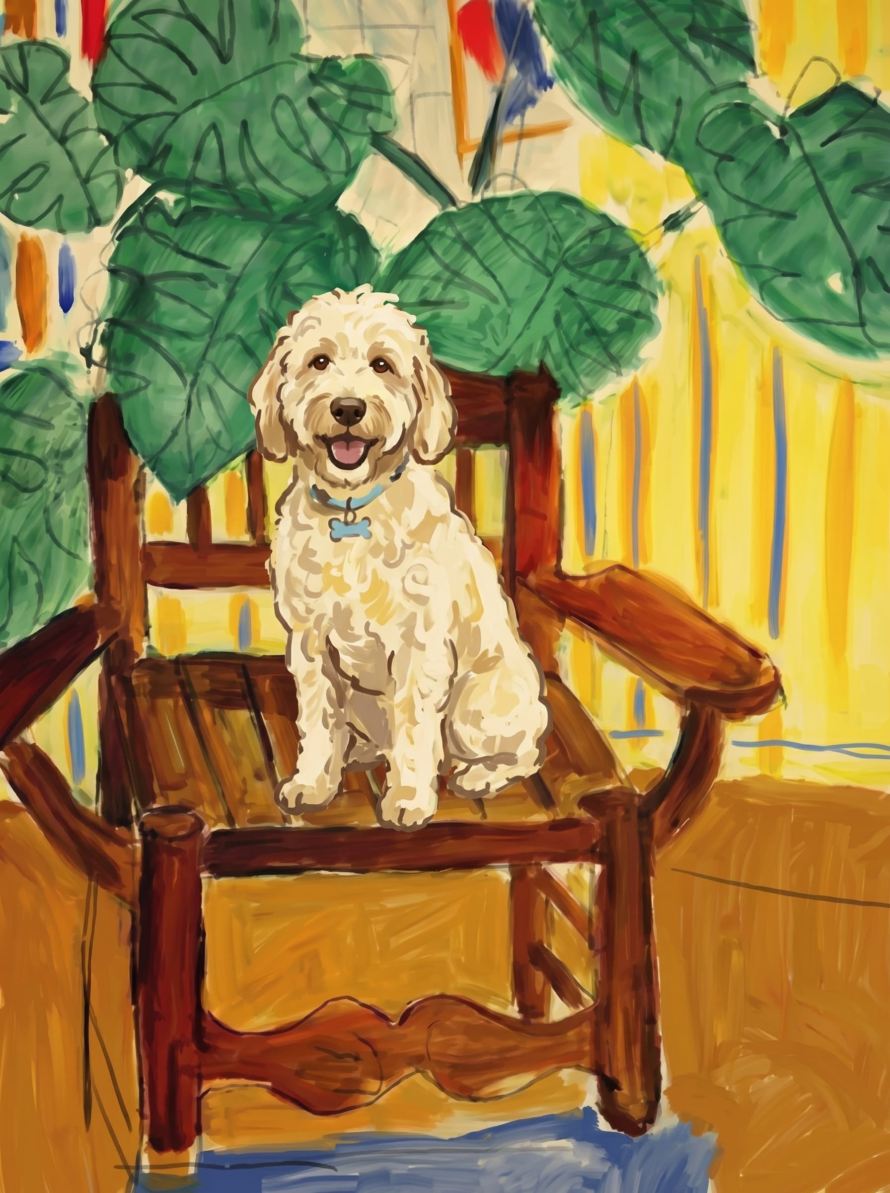 A pet sitting on a brown chair, looking at the viewer. Colors are applied with minimal blending, creating a flat, illustrative feel. The brushwork is broad, rapid, and direct. Strokes are loose, visible, applied thinly, defining the forms quickly without building up significant physical texture or impasto on the surface.