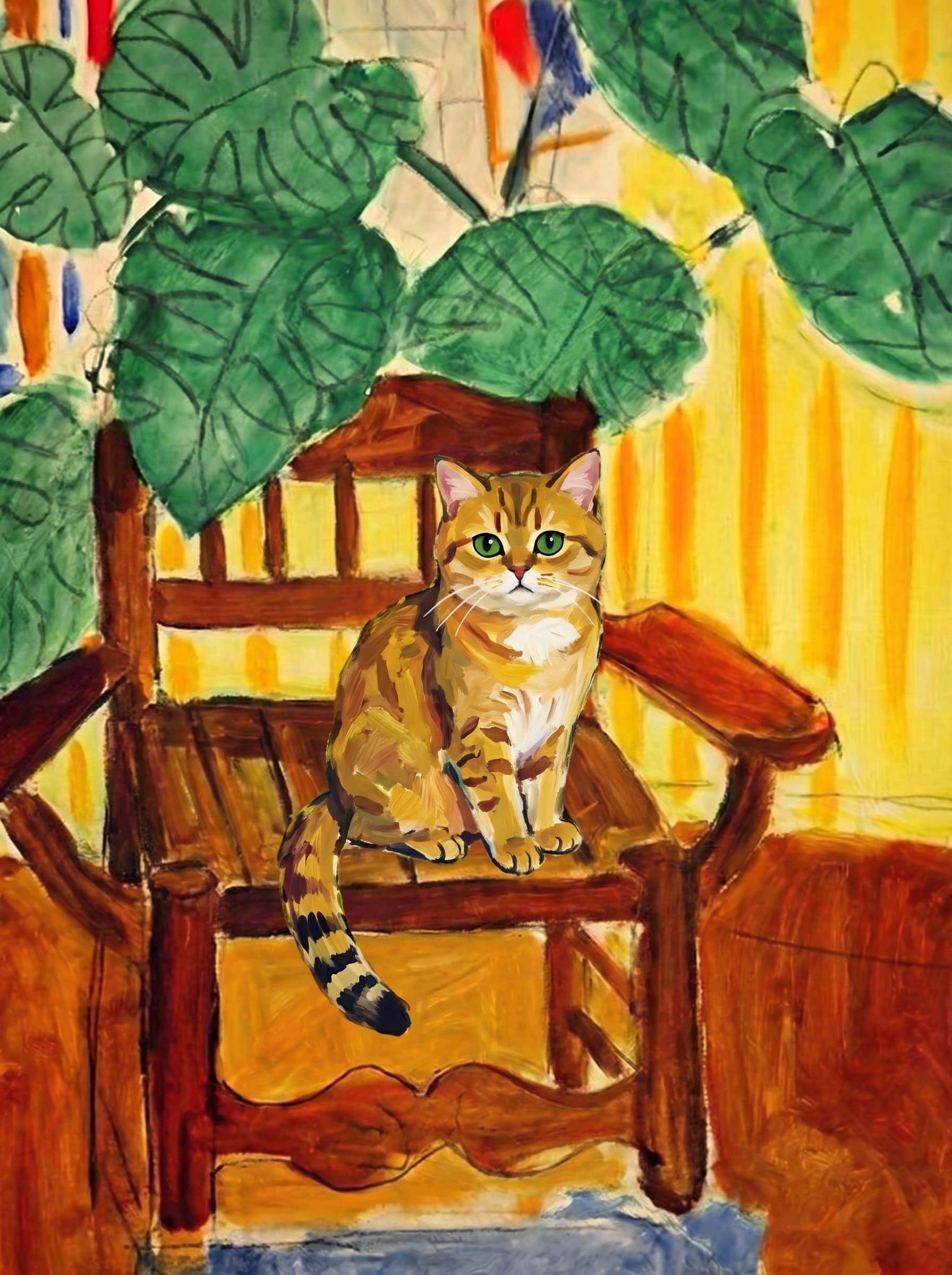 A pet sitting on a brown chair, looking at the viewer. Art Style: Paint in Fauvism, post-impressionism style. Use simplified shapes, exaggerates color, and flattens perspective to create charm and personality.
Use saturated, non-naturalistic colors and flattened perspective reminiscent of Henri Matisse.
The brushwork is loose, visible, and painterly, with uneven strokes that give the surface texture and movement.
Paint with large areas of flat color patches, simplified shapes, bold decorative outlines, and minimal blending.
The composition is flattened and slightly distorted, with compressed perspective.
The painting is expressive, utilizing thick, confident strokes and quick, rhythmic marks that prioritize texture and visual energy over realistic blending or depth.