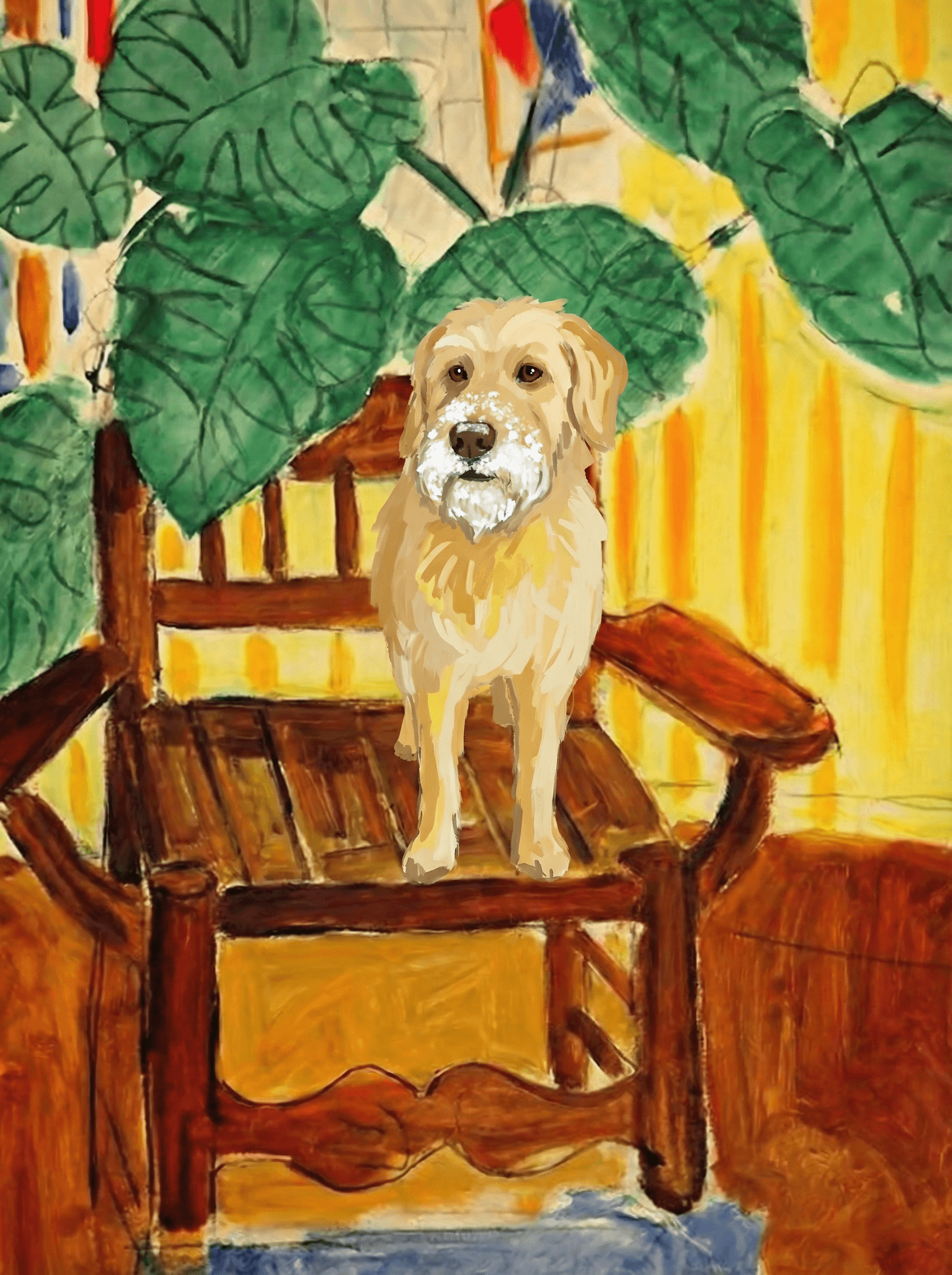 A pet sitting on a brown chair, looking at the viewer. Colors are applied with minimal blending, creating a flat, illustrative feel. The brushwork is broad, rapid, and direct. Strokes are loose, visible, applied thinly, defining the forms quickly without building up significant physical texture or impasto on the surface.