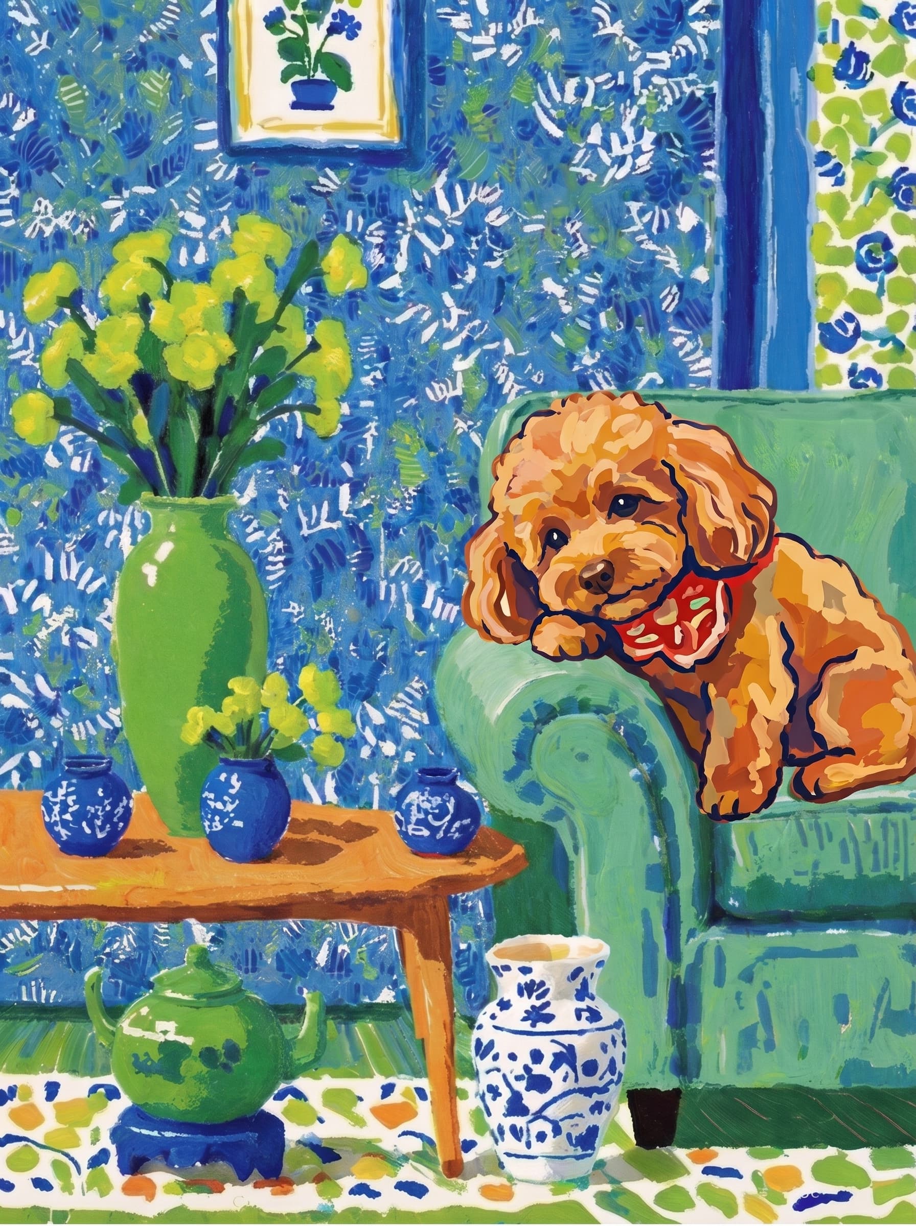 A pet lazy lying on the couch, with head tilt on the edge of couch, eye looking at the the vase. Art Style: Paint in Fauvism, post-impressionism style. Use simplified shapes, exaggerates color, and flattens perspective to create charm and personality.
Use saturated, non-naturalistic colors and flattened perspective reminiscent of Henri Matisse.
The brushwork is loose, visible, and painterly, with uneven strokes that give the surface texture and movement.
Paint with large areas of flat color patches, simplified shapes, bold decorative outlines, and minimal blending.
The composition is flattened and slightly distorted, with compressed perspective.
The painting is expressive, utilizing thick, confident strokes and quick, rhythmic marks that prioritize texture and visual energy over realistic blending or depth.
