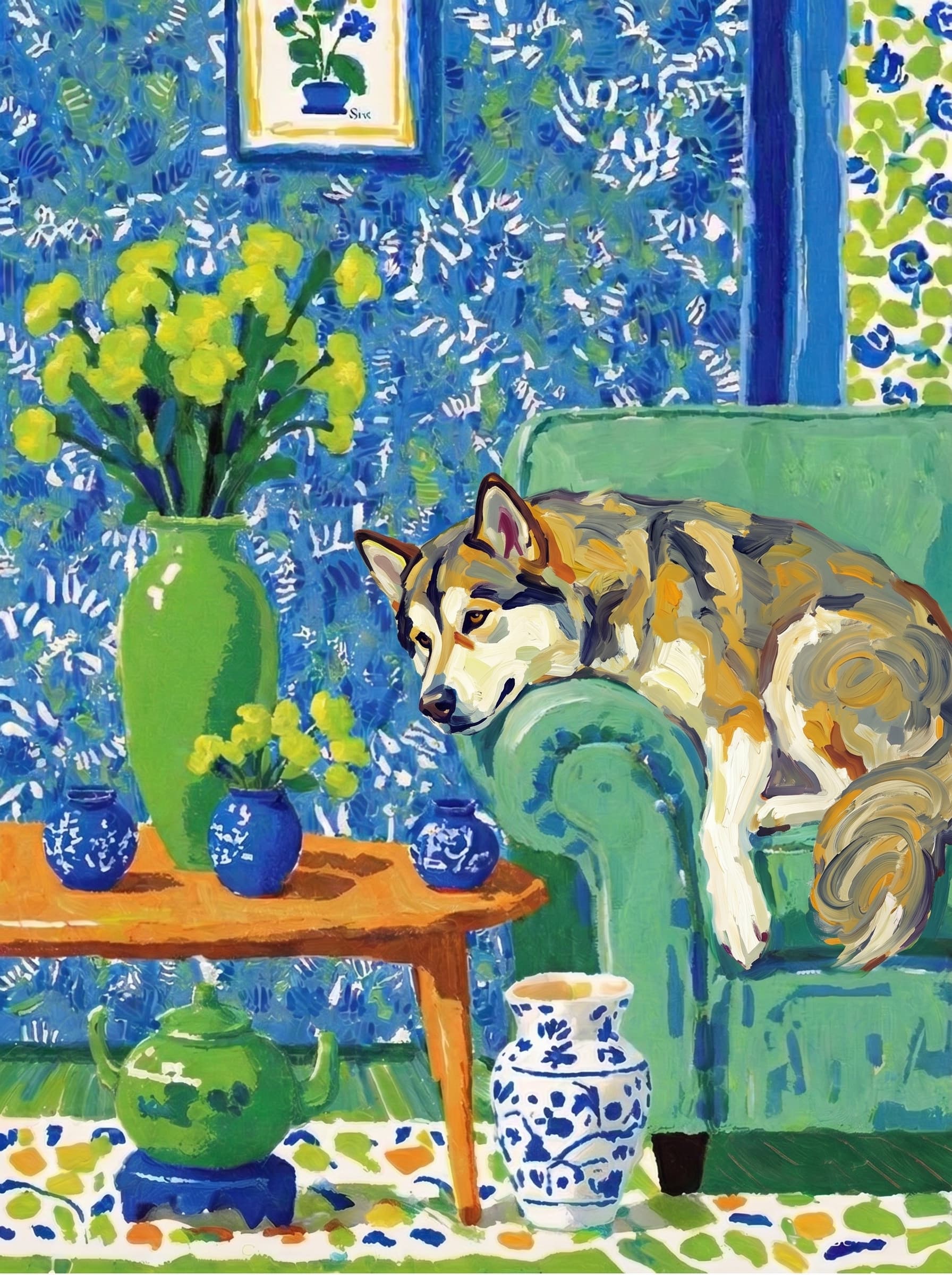 A pet lazy lying on the couch, with head tilt on the edge of couch, eye looking at the the vase. paint in post-impressionism style. Use saturated, non-naturalistic colors and flattened perspective reminiscent of Henri Matisse. painterly and expressive, utilizing thick, confident strokes and quick, rhythmic marks that prioritize texture and visual energy over realistic blending or depth.