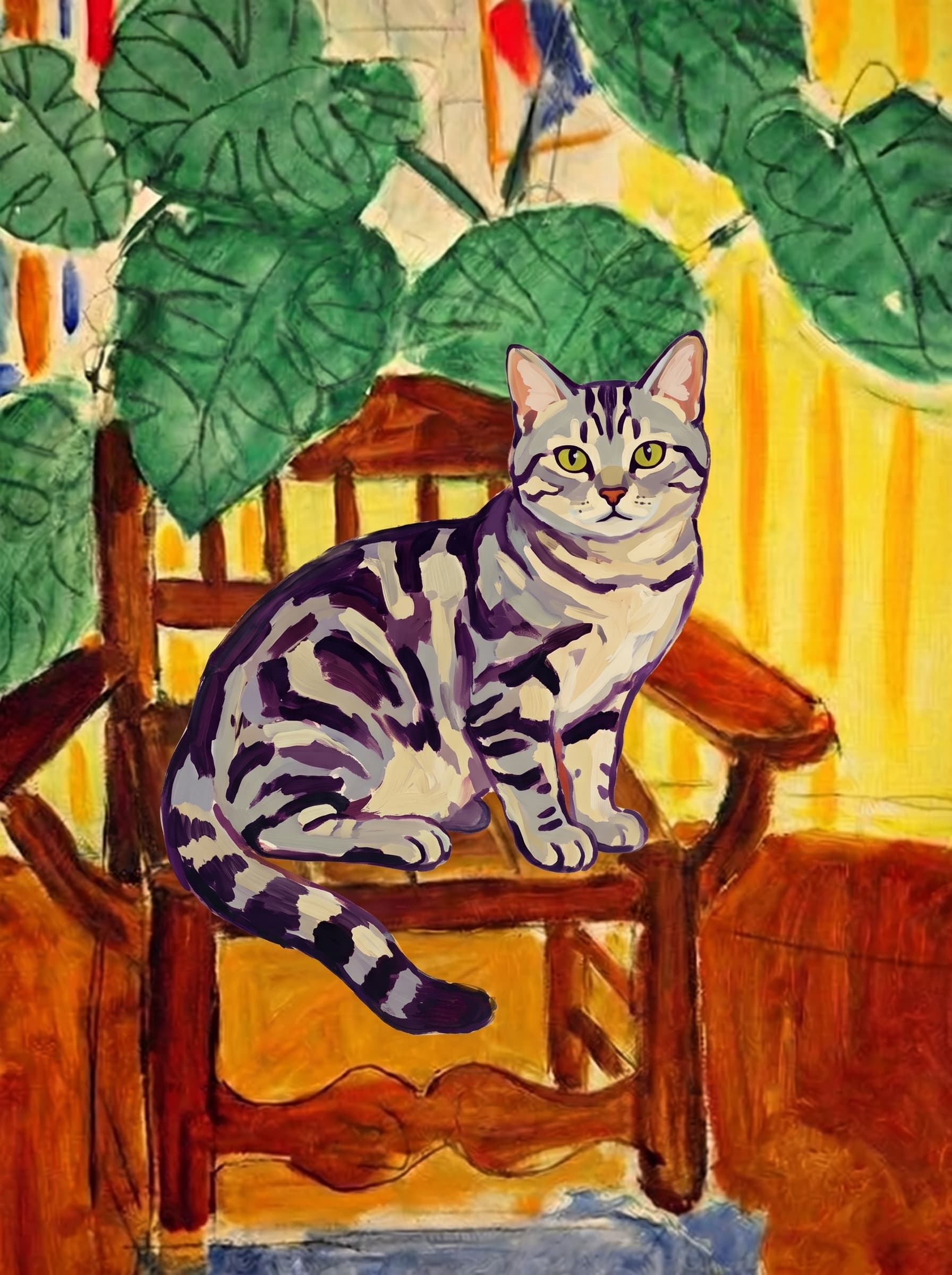 A pet sitting on a brown chair, looking at the viewer. Art Style: Paint in Fauvism, post-impressionism style. Use simplified shapes, exaggerates color, and flattens perspective to create charm and personality.
Use saturated, non-naturalistic colors and flattened perspective reminiscent of Henri Matisse.
The brushwork is loose, visible, and painterly, with uneven strokes that give the surface texture and movement.
Paint with large areas of flat color patches, simplified shapes, bold decorative outlines, and minimal blending.
The composition is flattened and slightly distorted, with compressed perspective.
The painting is expressive, utilizing thick, confident strokes and quick, rhythmic marks that prioritize texture and visual energy over realistic blending or depth.