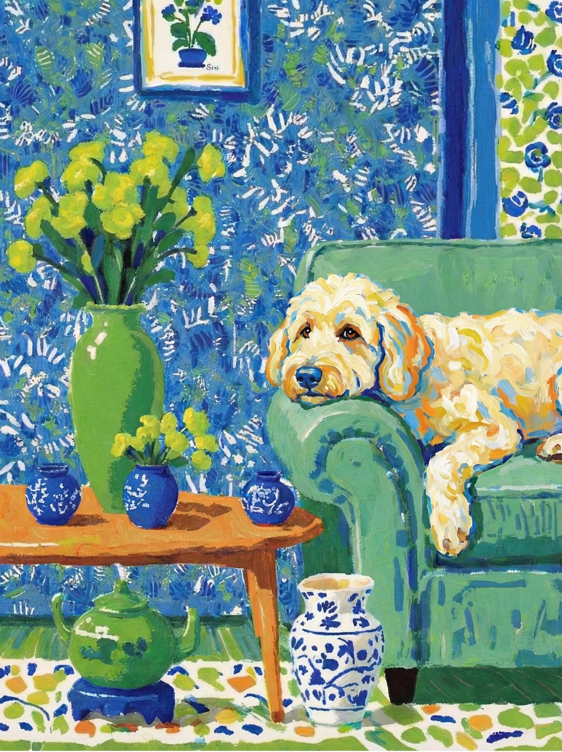 A pet lazy lying on the couch, with head tilt on the edge of couch, eye looking at the the vase. paint in post-impressionism style. Use saturated, non-naturalistic colors and flattened perspective reminiscent of Henri Matisse. painterly and expressive, utilizing thick, confident strokes and quick, rhythmic marks that prioritize texture and visual energy over realistic blending or depth.