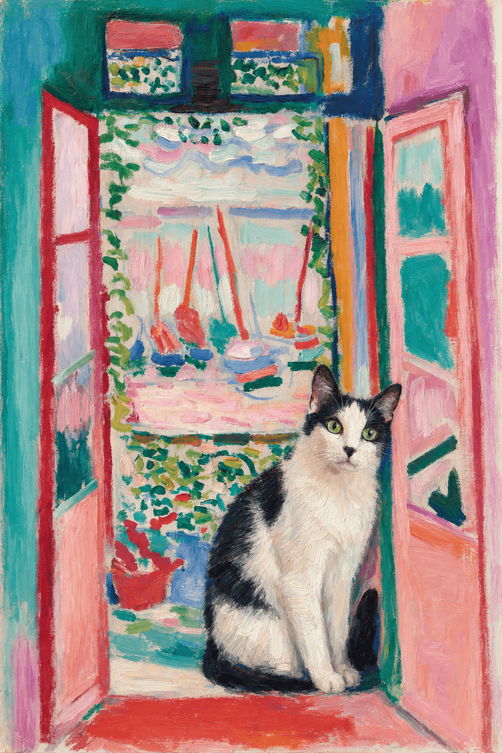 A pet sitting on the right bottom frame of an open door, with its back to the opening while facing the room, looking at the viewer, slight leaning on the right-side door panel. Paint in post-impressionism style. Use loosely painted, vibrantly colored, stylized, vertical painting.