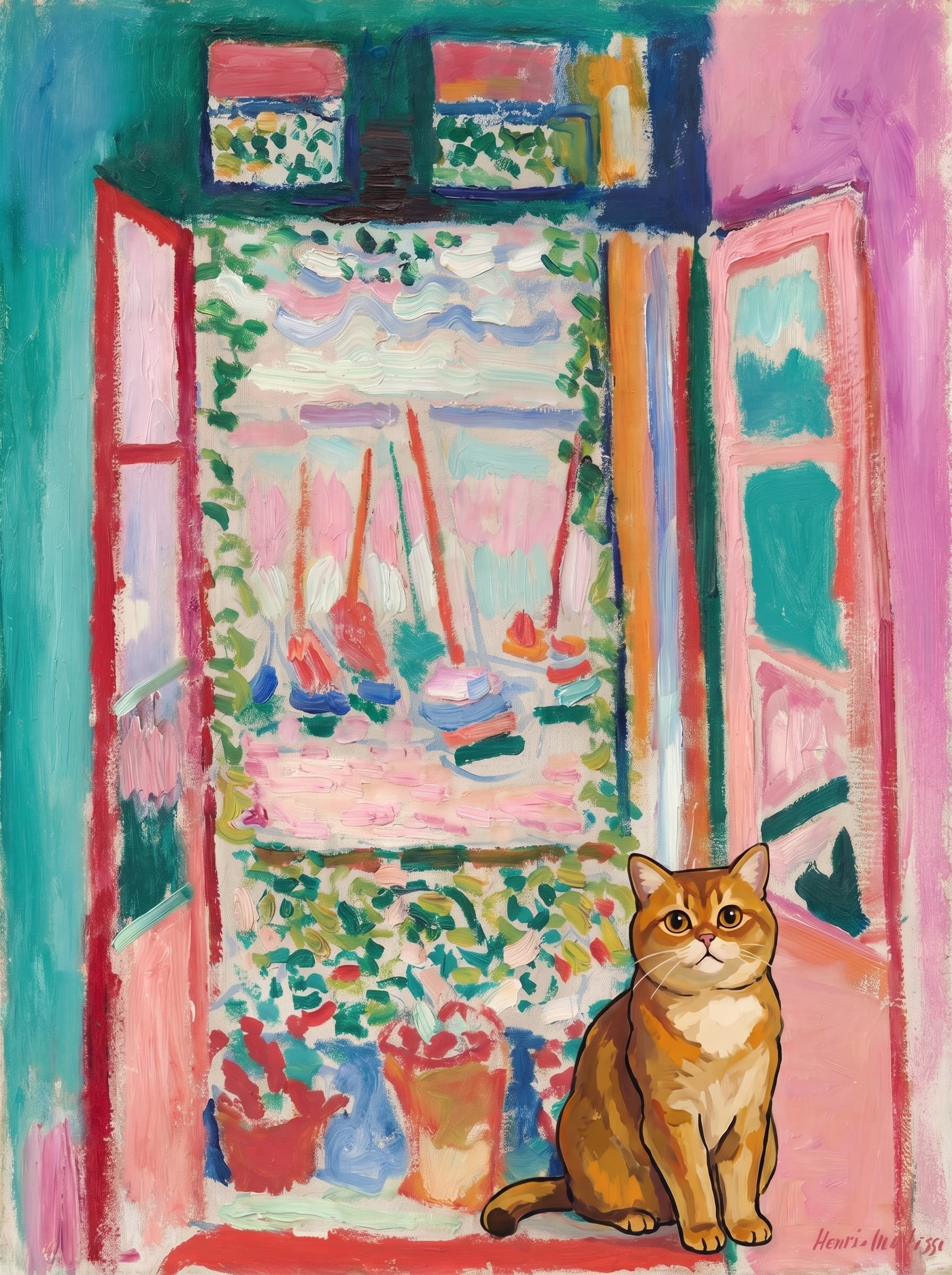 A pet sitting on the right bottom frame of an open door, with its back to the opening while facing the room, looking at the viewer, slight leaning on the right-side door panel. Art Style: Paint in Fauvism, post-impressionism style. Use simplified shapes, exaggerates color, and flattens perspective to create charm and personality.
Use saturated, non-naturalistic colors and flattened perspective reminiscent of Henri Matisse.
The brushwork is loose, visible, and painterly, with uneven strokes that give the surface texture and movement.
Paint with large areas of flat color patches, simplified shapes, bold decorative outlines, and minimal blending.
The composition is flattened and slightly distorted, with compressed perspective.
The painting is expressive, utilizing thick, confident strokes and quick, rhythmic marks that prioritize texture and visual energy over realistic blending or depth.