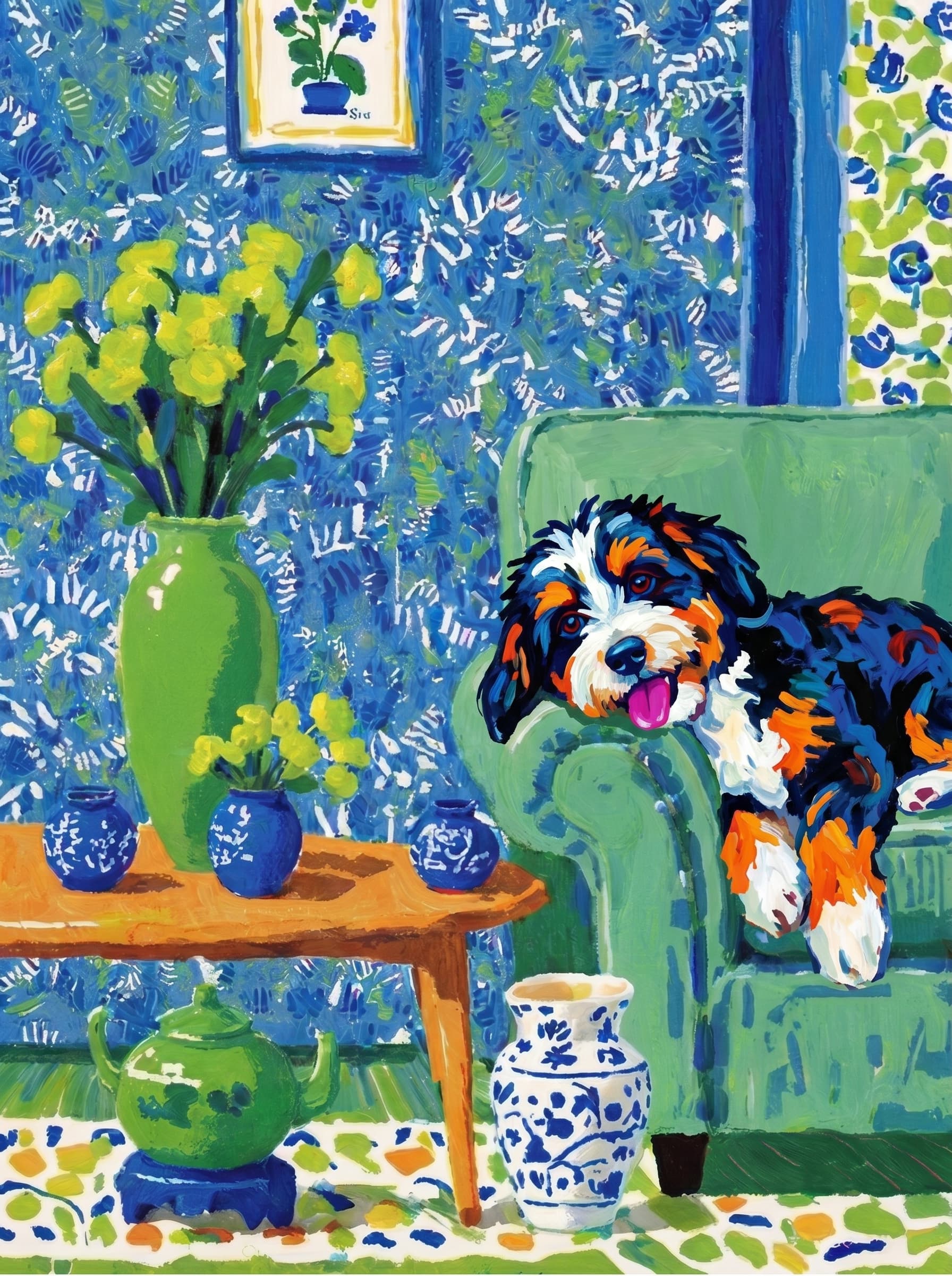 A pet lazy lying on the couch, with head tilt on the edge of couch, eye looking at the the vase. paint in post-impressionism style. Use saturated, non-naturalistic colors and flattened perspective reminiscent of Henri Matisse. painterly and expressive, utilizing thick, confident strokes and quick, rhythmic marks that prioritize texture and visual energy over realistic blending or depth.
