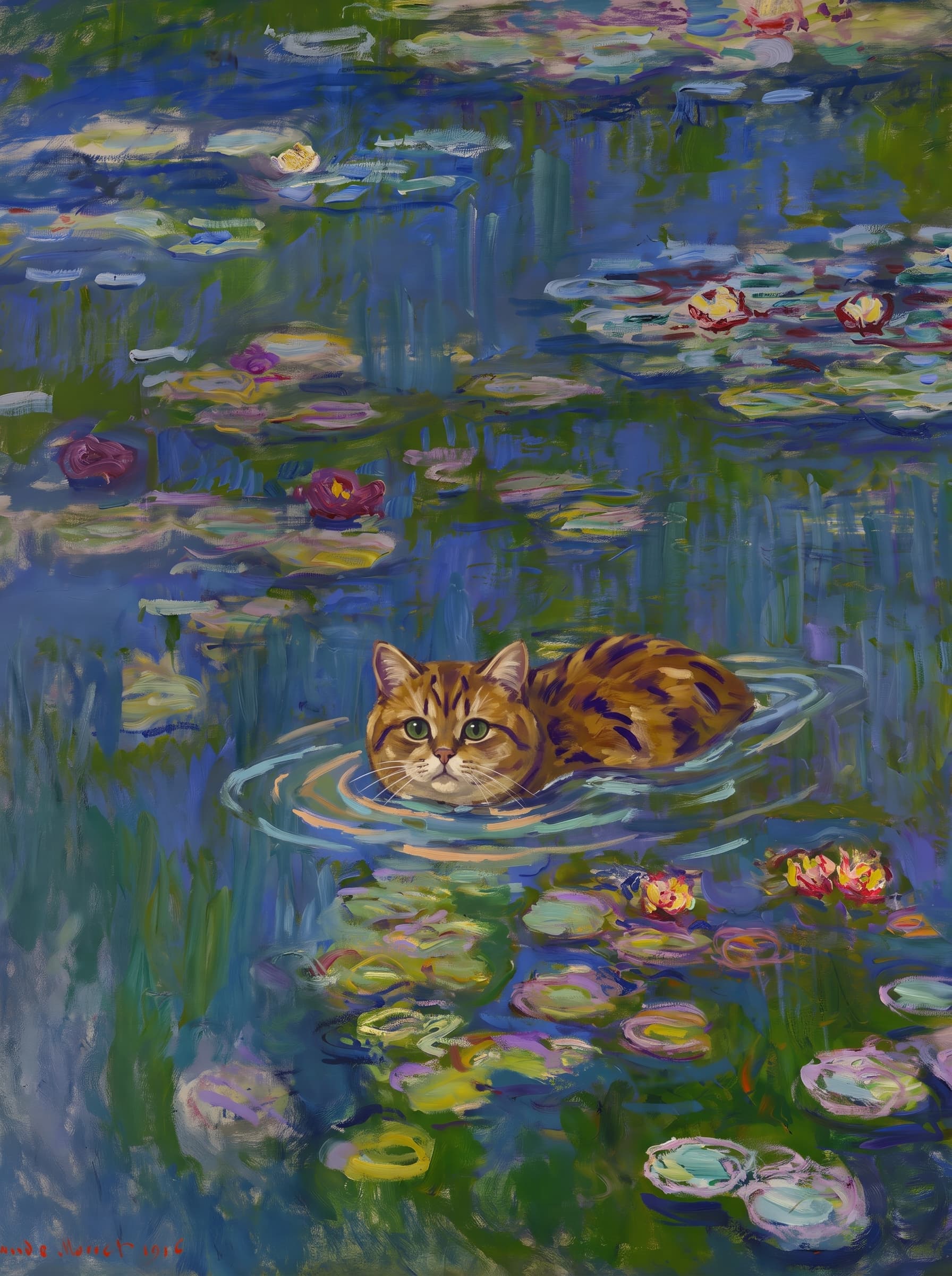 The pet should appear naturally integrated into the middle of the pond, swimming calmly through the water with only its head, upper neck, and a subtle suggestion of its back visible above the surface.
      The pet should be facing forward and looking directly at the viewer. Its wet fur should be suggested through painterly strokes.
      Blend the pet into the scene using Monet-like impressionist oil painting techniques: visible layered brushstrokes, soft broken color, blue-green reflections, violet shadows, golden-orange highlights, and shimmering ripples around the pet. 
      The water should partially obscure the pet’s body, with delicate circular ripples spreading outward. Nearby lily pads and water lilies should remain undisturbed but subtly interact with the ripples.
      The pet must feel like it was originally painted into the artwork, not pasted on top. Match the atmospheric softness, painterly texture, scale, perspective, and color harmony of the original Water Lilies painting. 
      Avoid photorealism, sharp outlines, modern digital effects, or excessive detail. The final image should look like a whimsical impressionist oil painting in the spirit of late Monet, with the pet quietly swimming among the lily pads at the center of the pond.
      Art Style: Paint in Fauvism, post-impressionism style. Use simplified shapes, exaggerates color, and flattens perspective to create charm and personality.
Use saturated, non-naturalistic colors and flattened perspective reminiscent of Henri Matisse.
The brushwork is loose, visible, and painterly, with uneven strokes that give the surface texture and movement.
Paint with large areas of flat color patches, simplified shapes, bold decorative outlines, and minimal blending.
The composition is flattened and slightly distorted, with compressed perspective.
The painting is expressive, utilizing thick, confident strokes and quick, rhythmic marks that prioritize texture and visual energy over realistic blending or depth.