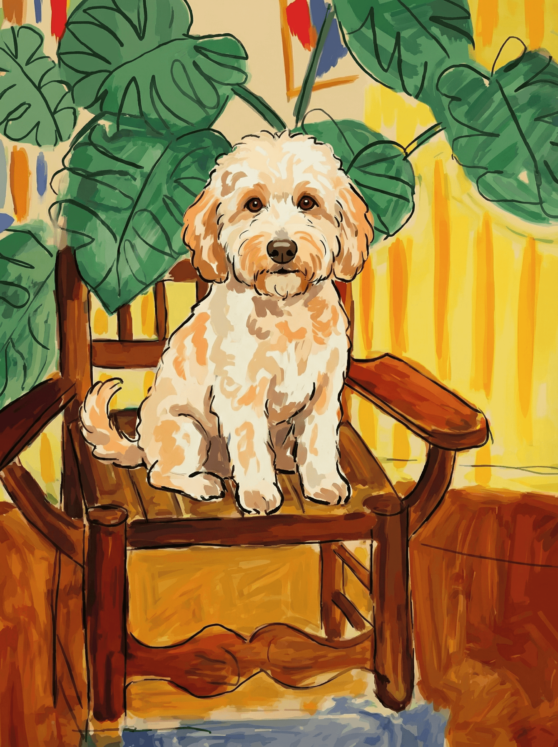 A pet sitting on a brown chair, looking at the viewer. Colors are applied with minimal blending, creating a flat, illustrative feel. The brushwork is broad, rapid, and direct. Strokes are loose, visible, applied thinly, defining the forms quickly without building up significant physical texture or impasto on the surface.