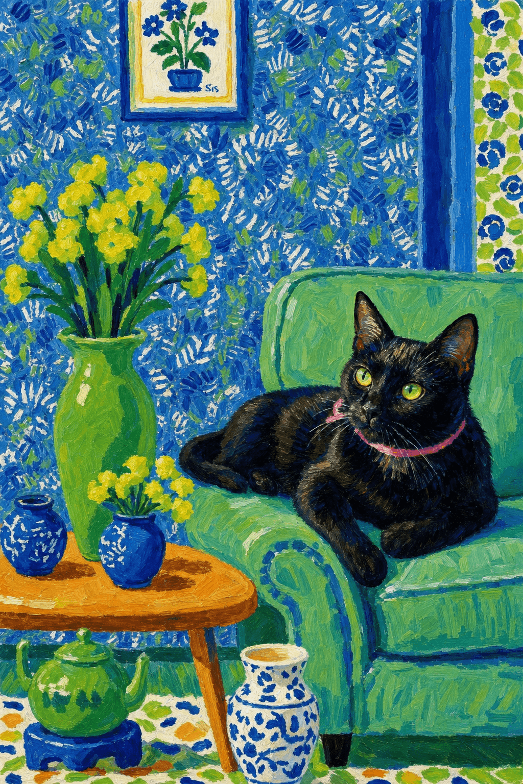 A pet lazy lying on the couch, with head tilt on the edge of couch, eye looking at the the vase. paint in post-impressionism style. Use saturated, non-naturalistic colors and flattened perspective reminiscent of Henri Matisse. painterly and expressive, utilizing thick, confident strokes and quick, rhythmic marks that prioritize texture and visual energy over realistic blending or depth.