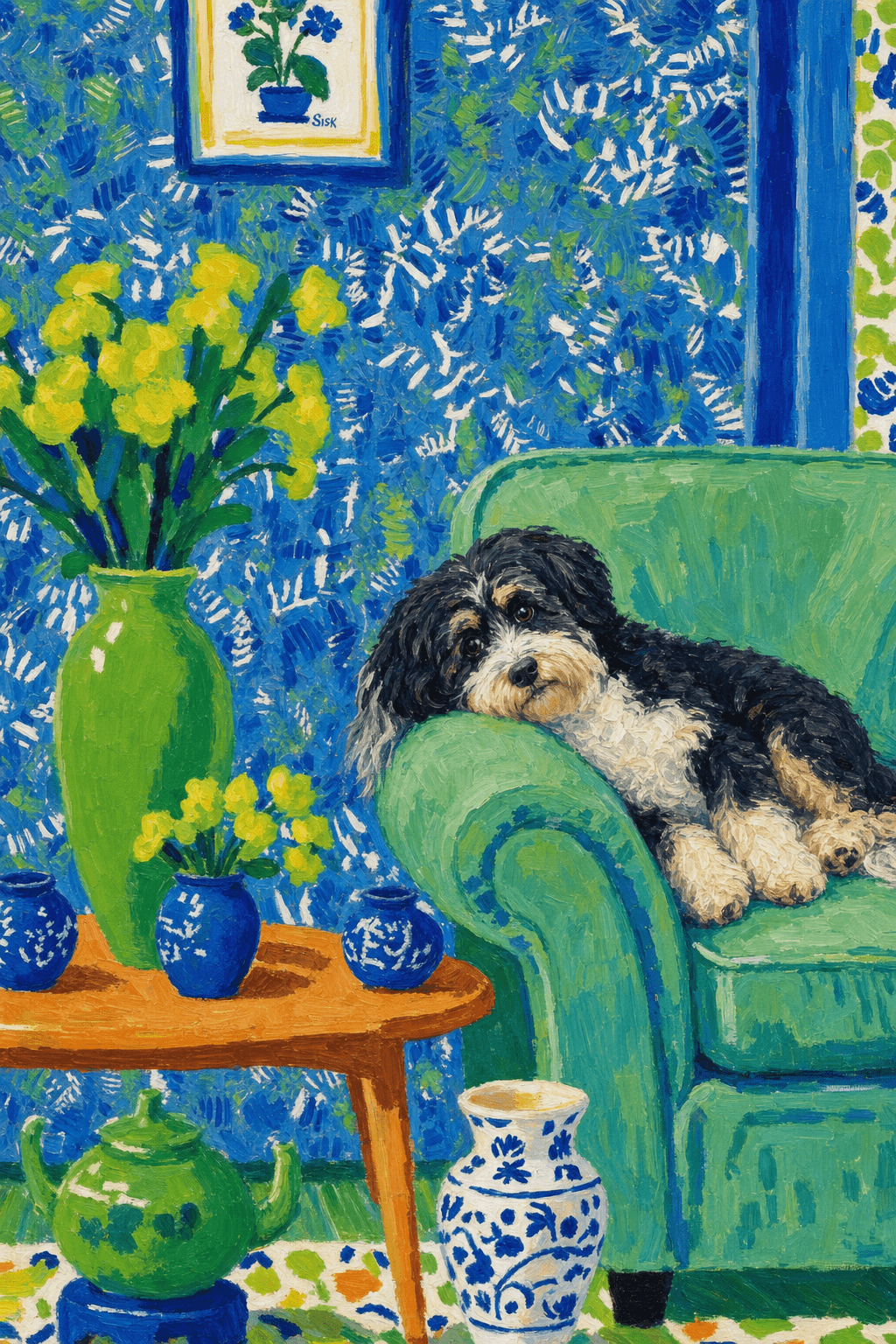 A pet lazy lying on the couch, with head tilt on the edge of couch, eye looking at the the vase. paint in post-impressionism style. Use saturated, non-naturalistic colors and flattened perspective reminiscent of Henri Matisse. painterly and expressive, utilizing thick, confident strokes and quick, rhythmic marks that prioritize texture and visual energy over realistic blending or depth.