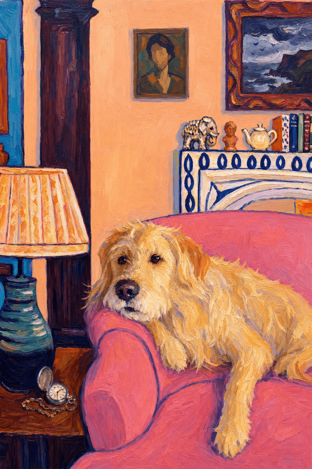 The painting shows a cozy, colorful interior with a warm peach wall and a large pink sofa in the foreground.
The pet is resting lazily on a bright pink velvet couch. The pet’s head is rested on the arm of the couch, looked completely relaxed and content.
The overall mood is cheerful and intimate, with bold outlines, visible brushstrokes, and slightly simplified forms.
Paint in Fauvism, post-impressionism style. Use simplified shapes, exaggerates color, and flattens perspective to create charm and personality.
Use saturated, non-naturalistic colors and flattened perspective reminiscent of Henri Matisse.
The brushwork is loose, visible, and painterly, with uneven strokes that give the surface texture and movement.
The composition is flattened and slightly distorted, with compressed perspective.
The painting is expressive, utilizing thick, confident strokes and quick, rhythmic marks that prioritize texture and visual energy over realistic blending or depth.