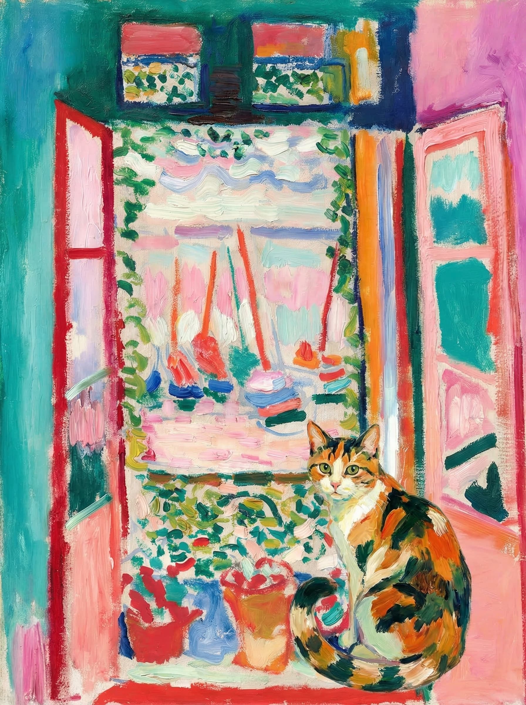 A pet sitting on the right bottom frame of an open door, with its back to the opening while facing the room, looking at the viewer, slight leaning on the right-side door panel. Paint in post-impressionism style. Use loosely painted, vibrantly colored, stylized, vertical painting.