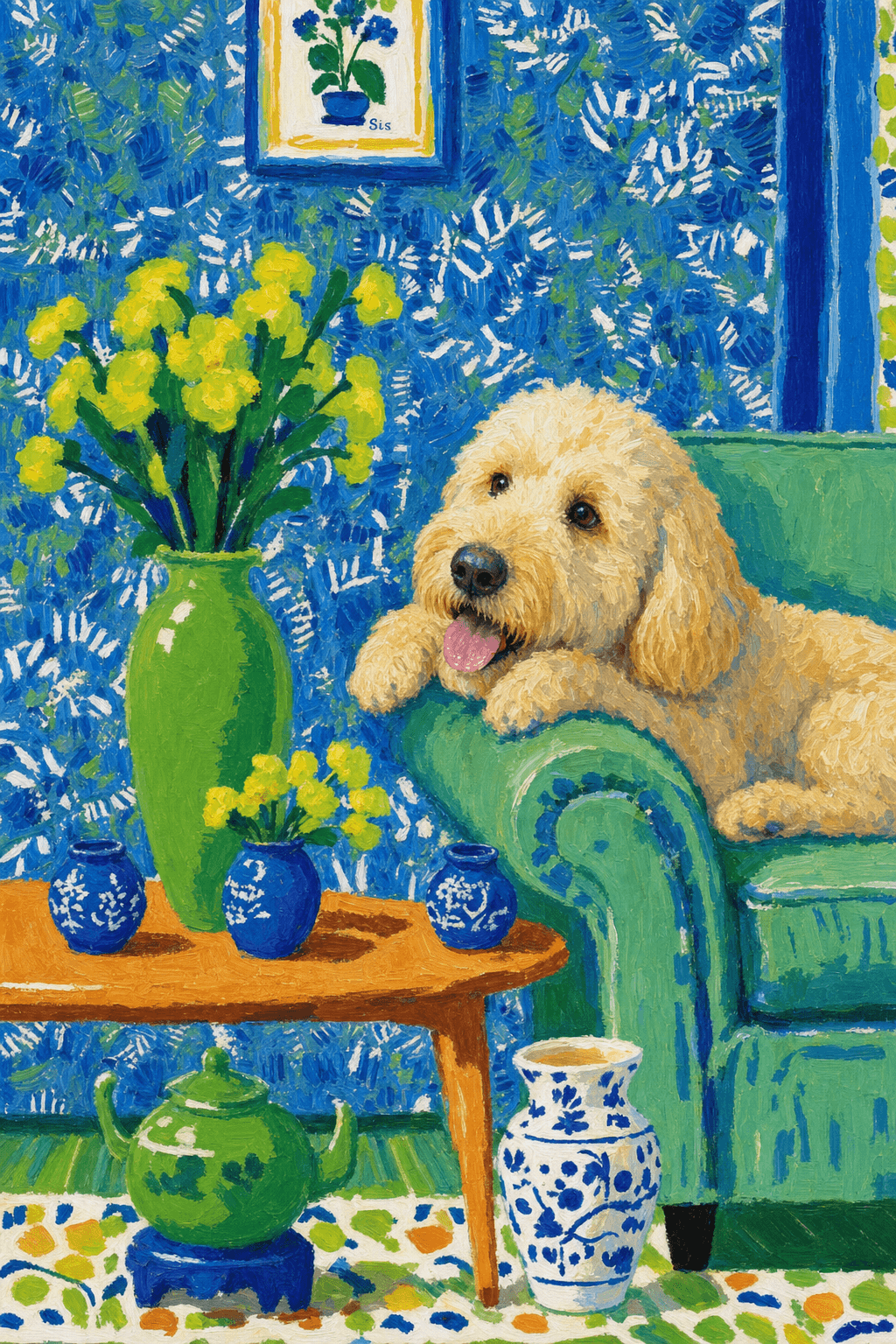 A pet lazy lying on the couch, with head tilt on the edge of couch, eye looking at the the vase. Art Style: Paint in Fauvism, post-impressionism style. Use simplified shapes, exaggerates color, and flattens perspective to create charm and personality.
Use saturated, non-naturalistic colors and flattened perspective reminiscent of Henri Matisse.
The brushwork is loose, visible, and painterly, with uneven strokes that give the surface texture and movement.
Paint with large areas of flat color patches, simplified shapes, bold decorative outlines, and minimal blending.
The composition is flattened and slightly distorted, with compressed perspective.
The painting is expressive, utilizing thick, confident strokes and quick, rhythmic marks that prioritize texture and visual energy over realistic blending or depth.