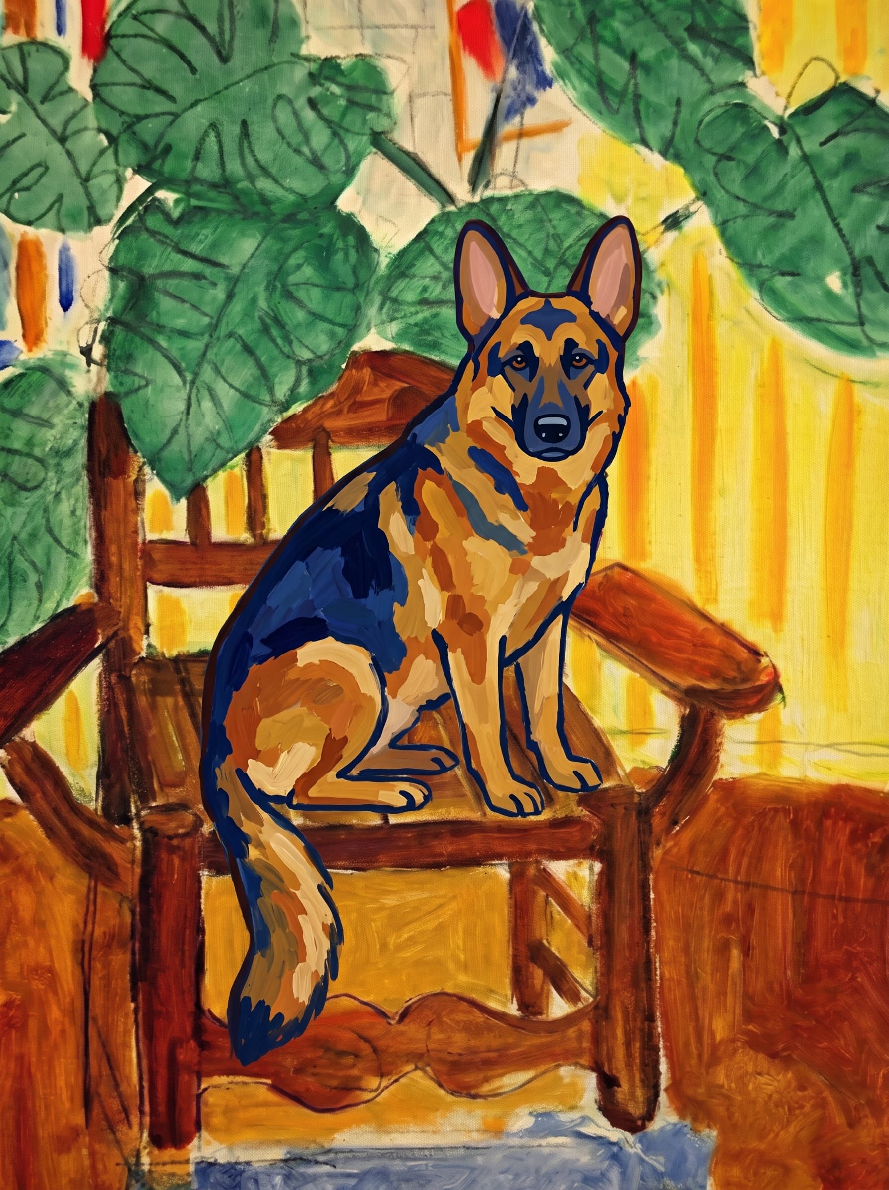 A pet sitting on a brown chair, looking at the viewer. Art Style: Paint in Fauvism, post-impressionism style. Use simplified shapes, exaggerates color, and flattens perspective to create charm and personality.
Use saturated, non-naturalistic colors and flattened perspective reminiscent of Henri Matisse.
The brushwork is loose, visible, and painterly, with uneven strokes that give the surface texture and movement.
Paint with large areas of flat color patches, simplified shapes, bold decorative outlines, and minimal blending.
The composition is flattened and slightly distorted, with compressed perspective.
The painting is expressive, utilizing thick, confident strokes and quick, rhythmic marks that prioritize texture and visual energy over realistic blending or depth.