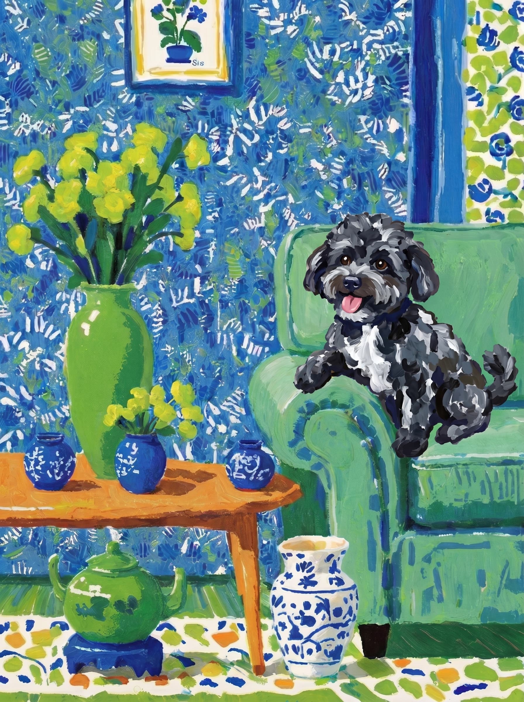 A pet lazy lying on the couch, with head tilt on the edge of couch, eye looking at the the vase. Art Style: Paint in Fauvism, post-impressionism style. Use simplified shapes, exaggerates color, and flattens perspective to create charm and personality.
Use saturated, non-naturalistic colors and flattened perspective reminiscent of Henri Matisse.
The brushwork is loose, visible, and painterly, with uneven strokes that give the surface texture and movement.
Paint with large areas of flat color patches, simplified shapes, bold decorative outlines, and minimal blending.
The composition is flattened and slightly distorted, with compressed perspective.
The painting is expressive, utilizing thick, confident strokes and quick, rhythmic marks that prioritize texture and visual energy over realistic blending or depth.