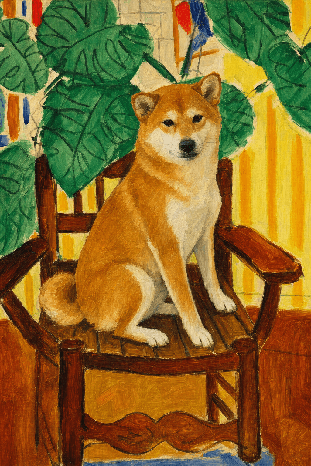 A pet sitting on a brown chair, looking at the viewer. Colors are applied with minimal blending, creating a flat, illustrative feel. The brushwork is broad, rapid, and direct. Strokes are loose, visible, applied thinly, defining the forms quickly without building up significant physical texture or impasto on the surface.