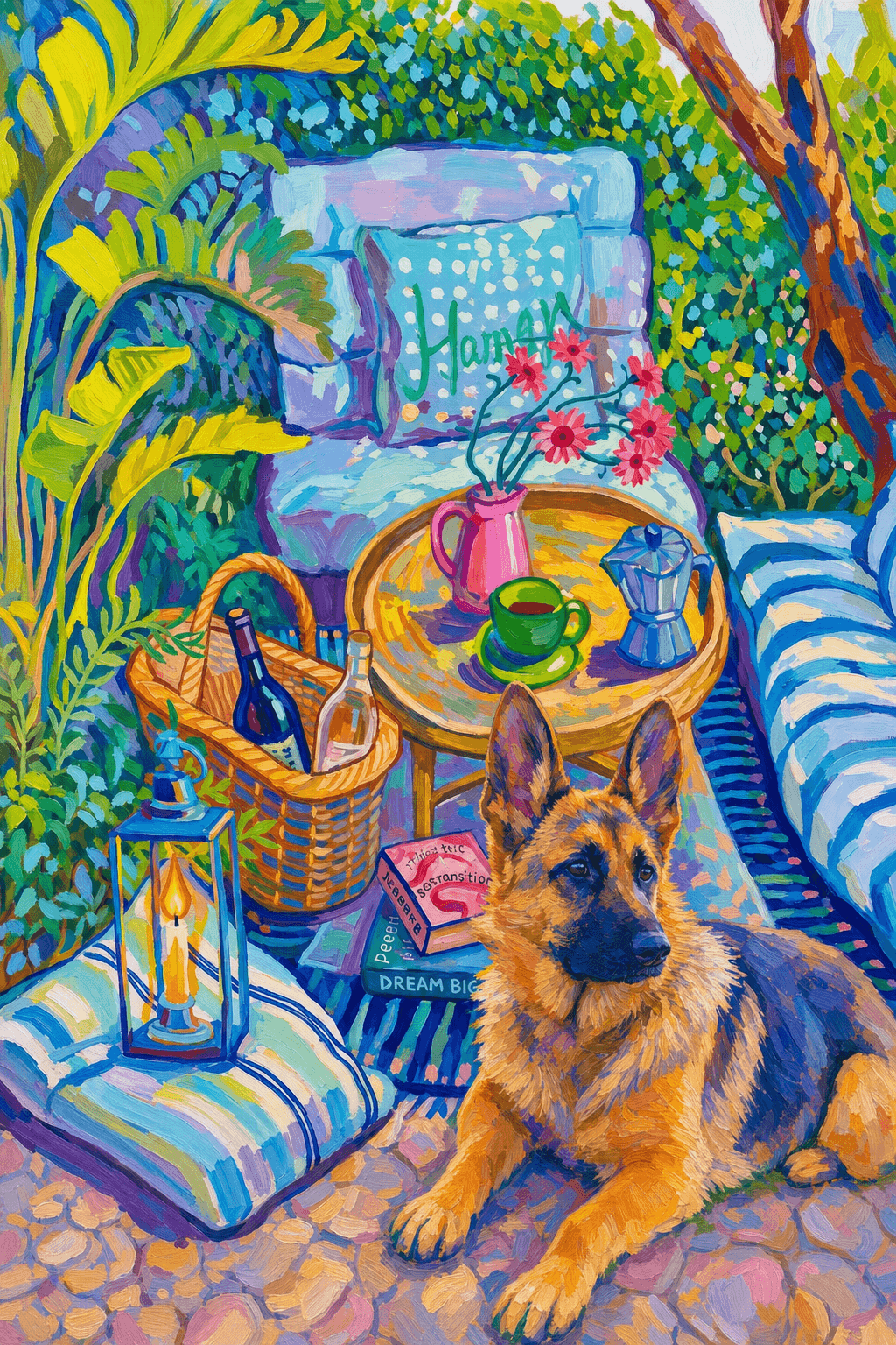 a cozy garden patio filled with lush tropical greenery, blue-and-white striped cushions, a round rattan table, picnic basket, lantern, books, flowers.
The pet is lazily resting in the foreground, almost fall asleep with a relaxed and content expression.
The composition feels intimate and inviting, with foliage and a tree trunk framing the scene, the circular table anchoring the center, and expressive brushwork plus dappled light creating a lively, relaxed outdoor atmosphere.
Art Style: Paint in Fauvism, post-impressionism style. Use simplified shapes, exaggerates color, and flattens perspective to create charm and personality.
Use saturated, non-naturalistic colors and flattened perspective reminiscent of Henri Matisse.
The brushwork is loose, visible, and painterly, with uneven strokes that give the surface texture and movement.
Paint with large areas of flat color patches, simplified shapes, bold decorative outlines, and minimal blending.
The composition is flattened and slightly distorted, with compressed perspective.
The painting is expressive, utilizing thick, confident strokes and quick, rhythmic marks that prioritize texture and visual energy over realistic blending or depth.