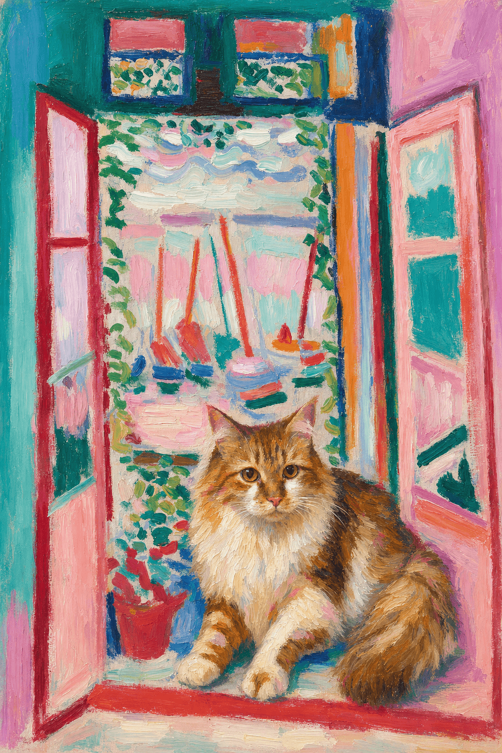 A pet sitting on the right bottom frame of an open door, with its back to the opening while facing the room, looking at the viewer, slight leaning on the right-side door panel. Paint in post-impressionism style. Use loosely painted, vibrantly colored, stylized, vertical painting.