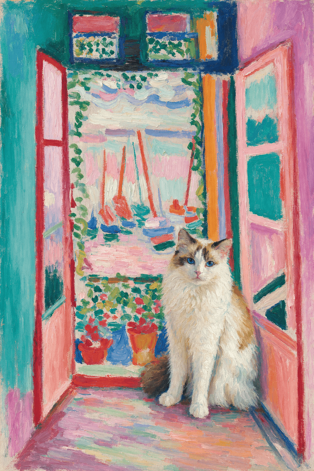 A pet sitting on the right bottom frame of an open door, with its back to the opening while facing the room, looking at the viewer, slight leaning on the right-side door panel. Paint in post-impressionism style. Use loosely painted, vibrantly colored, stylized, vertical painting.