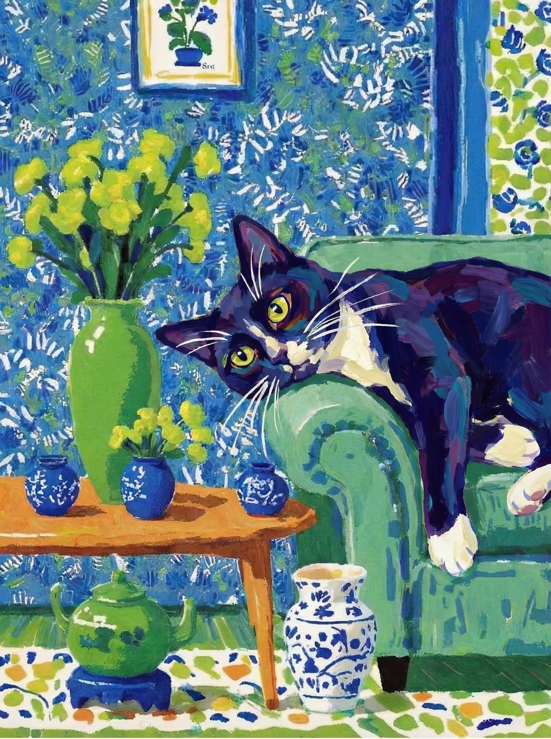 A pet lazy lying on the couch, with head tilt on the edge of couch, eye looking at the the vase. paint in post-impressionism style. Use saturated, non-naturalistic colors and flattened perspective reminiscent of Henri Matisse. painterly and expressive, utilizing thick, confident strokes and quick, rhythmic marks that prioritize texture and visual energy over realistic blending or depth.