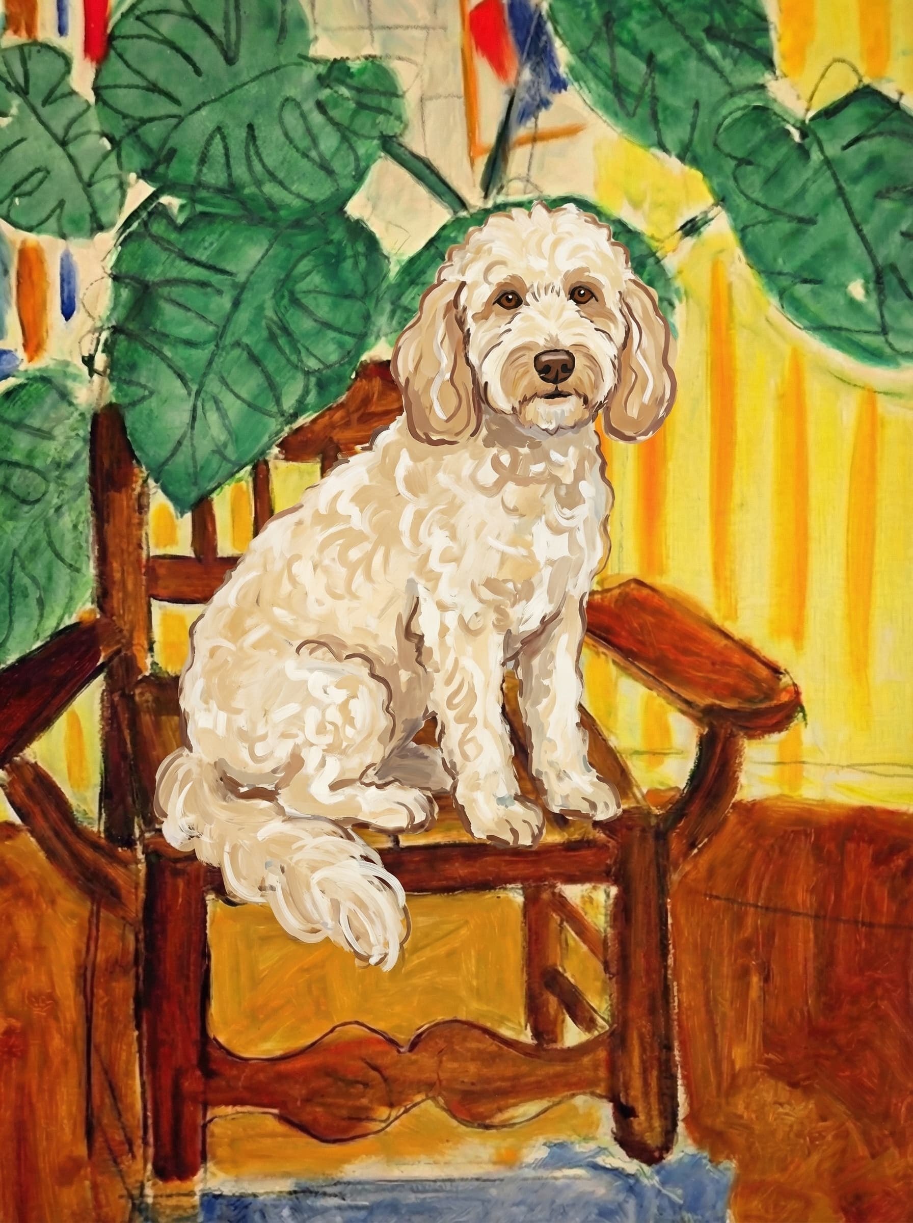 A pet sitting on a brown chair, looking at the viewer. Colors are applied with minimal blending, creating a flat, illustrative feel. The brushwork is broad, rapid, and direct. Strokes are loose, visible, applied thinly, defining the forms quickly without building up significant physical texture or impasto on the surface.