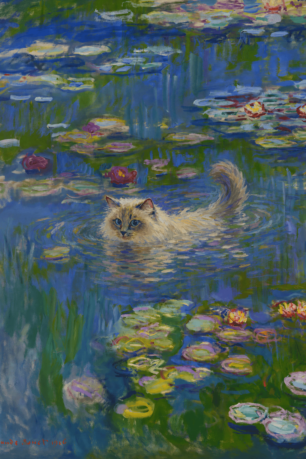 The pet should appear naturally integrated into the middle of the pond, swimming calmly through the water with only its head, upper neck, and a subtle suggestion of its back visible above the surface.
The pet should be facing forward and looking directly at the viewer. Its wet fur should be suggested through painterly strokes.
Blend the pet into the scene using Monet-like impressionist oil painting techniques: visible layered brushstrokes, soft broken color, blue-green reflections, violet shadows, golden-orange highlights, and shimmering ripples around the pet.
The water should partially obscure the pet’s body, with delicate circular ripples spreading outward. Nearby lily pads and water lilies should remain undisturbed but subtly interact with the ripples.
The pet must feel like it was originally painted into the artwork, not pasted on top. Match the atmospheric softness, painterly texture, scale, perspective, and color harmony of the original Water Lilies painting.
Avoid photorealism, sharp outlines, modern digital effects, or excessive detail. The final image should look like a whimsical impressionist oil painting in the spirit of late Monet, with the pet quietly swimming among the lily pads at the center of the pond.
Art Style: Paint in Fauvism, post-impressionism style. Use simplified shapes, exaggerates color, and flattens perspective to create charm and personality.
Use saturated, non-naturalistic colors and flattened perspective reminiscent of Henri Matisse.
The brushwork is loose, visible, and painterly, with uneven strokes that give the surface texture and movement.
Paint with large areas of flat color patches, simplified shapes, bold decorative outlines, and minimal blending.
The composition is flattened and slightly distorted, with compressed perspective.
The painting is expressive, utilizing thick, confident strokes and quick, rhythmic marks that prioritize texture and visual energy over realistic blending or depth.