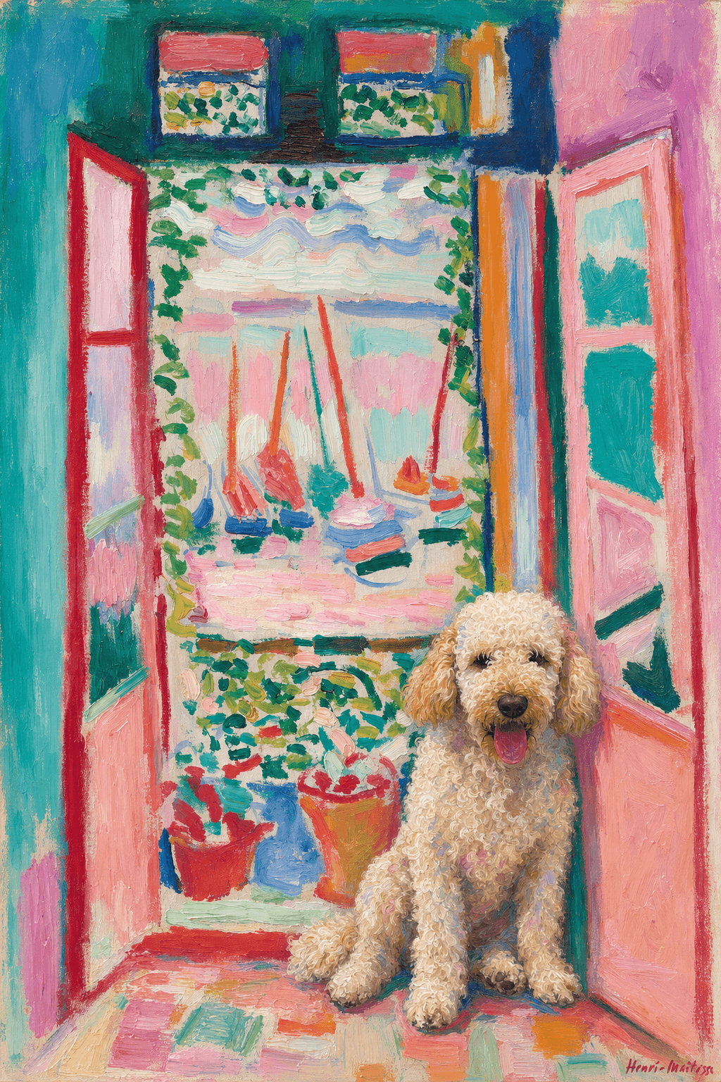 A pet sitting on the right bottom frame of an open door, with its back to the opening while facing the room, looking at the viewer, slight leaning on the right-side door panel. Paint in post-impressionism style. Use loosely painted, vibrantly colored, stylized, vertical painting.