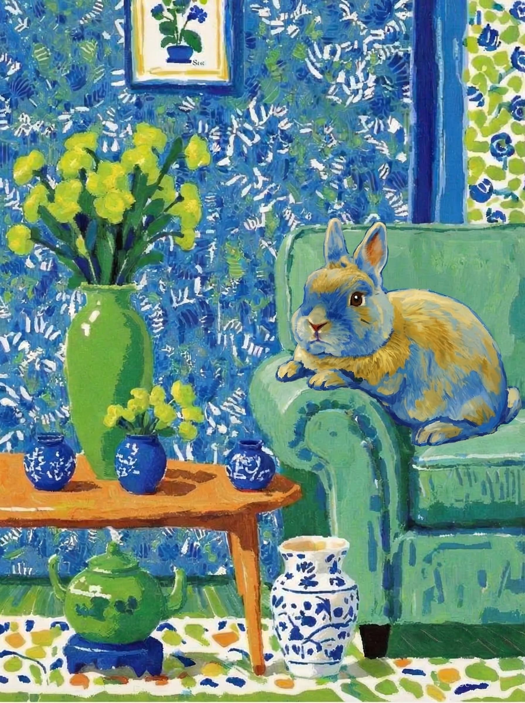 A pet lazy lying on the couch, with head tilt on the edge of couch, eye looking at the the vase. paint in post-impressionism style. Use saturated, non-naturalistic colors and flattened perspective reminiscent of Henri Matisse. painterly and expressive, utilizing thick, confident strokes and quick, rhythmic marks that prioritize texture and visual energy over realistic blending or depth.