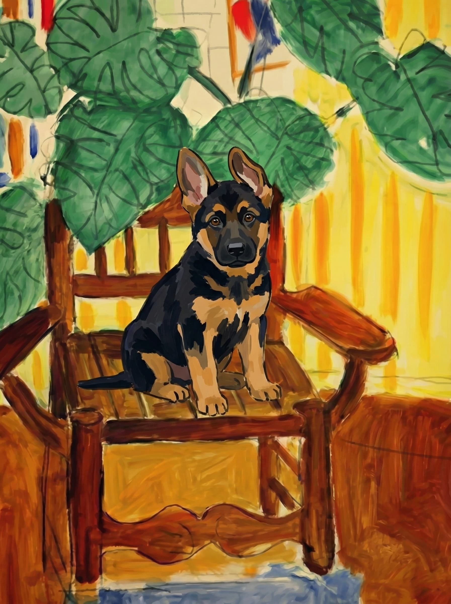 A pet sitting on a brown chair, looking at the viewer. Colors are applied with minimal blending, creating a flat, illustrative feel. The brushwork is broad, rapid, and direct. Strokes are loose, visible, applied thinly, defining the forms quickly without building up significant physical texture or impasto on the surface.