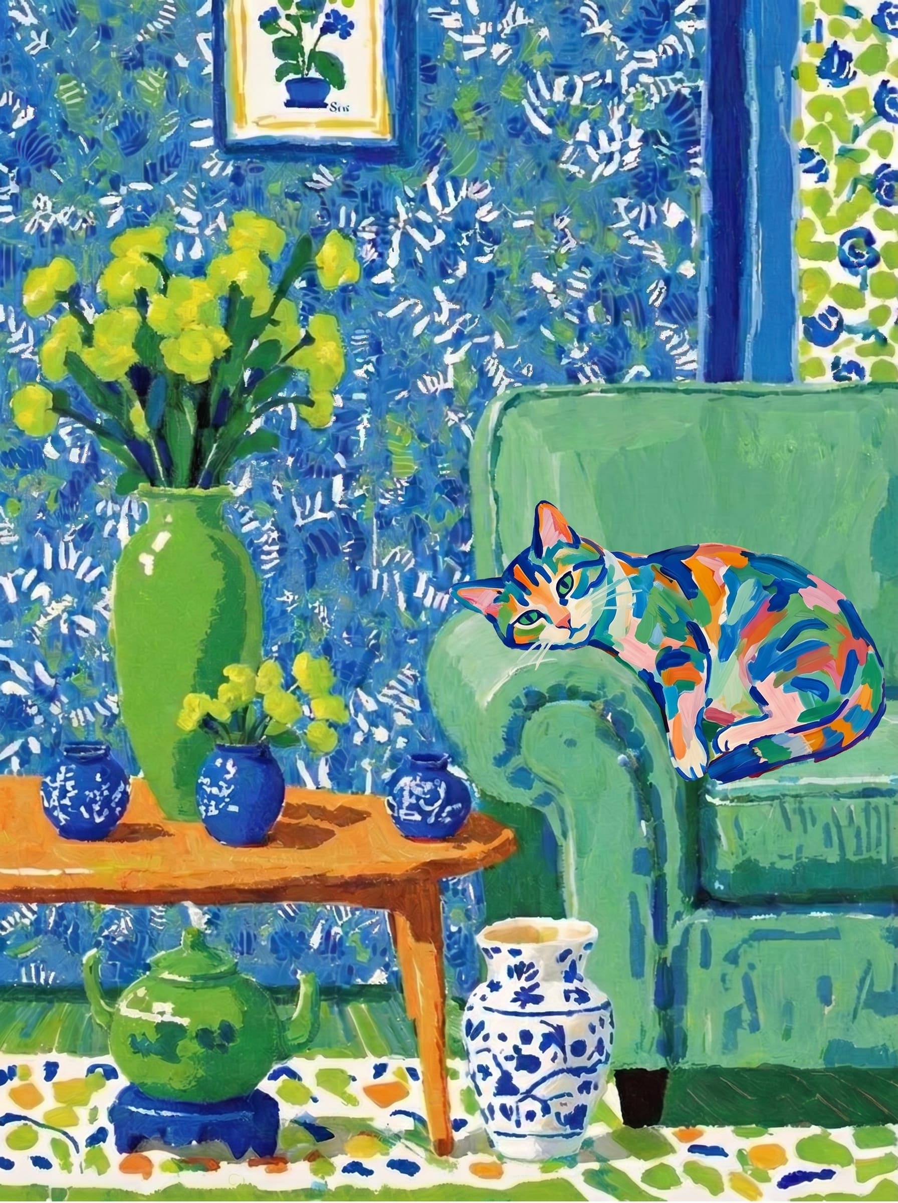 A pet lazy lying on the couch, with head tilt on the edge of couch, eye looking at the the vase. paint in post-impressionism style. Use saturated, non-naturalistic colors and flattened perspective reminiscent of Henri Matisse. painterly and expressive, utilizing thick, confident strokes and quick, rhythmic marks that prioritize texture and visual energy over realistic blending or depth.