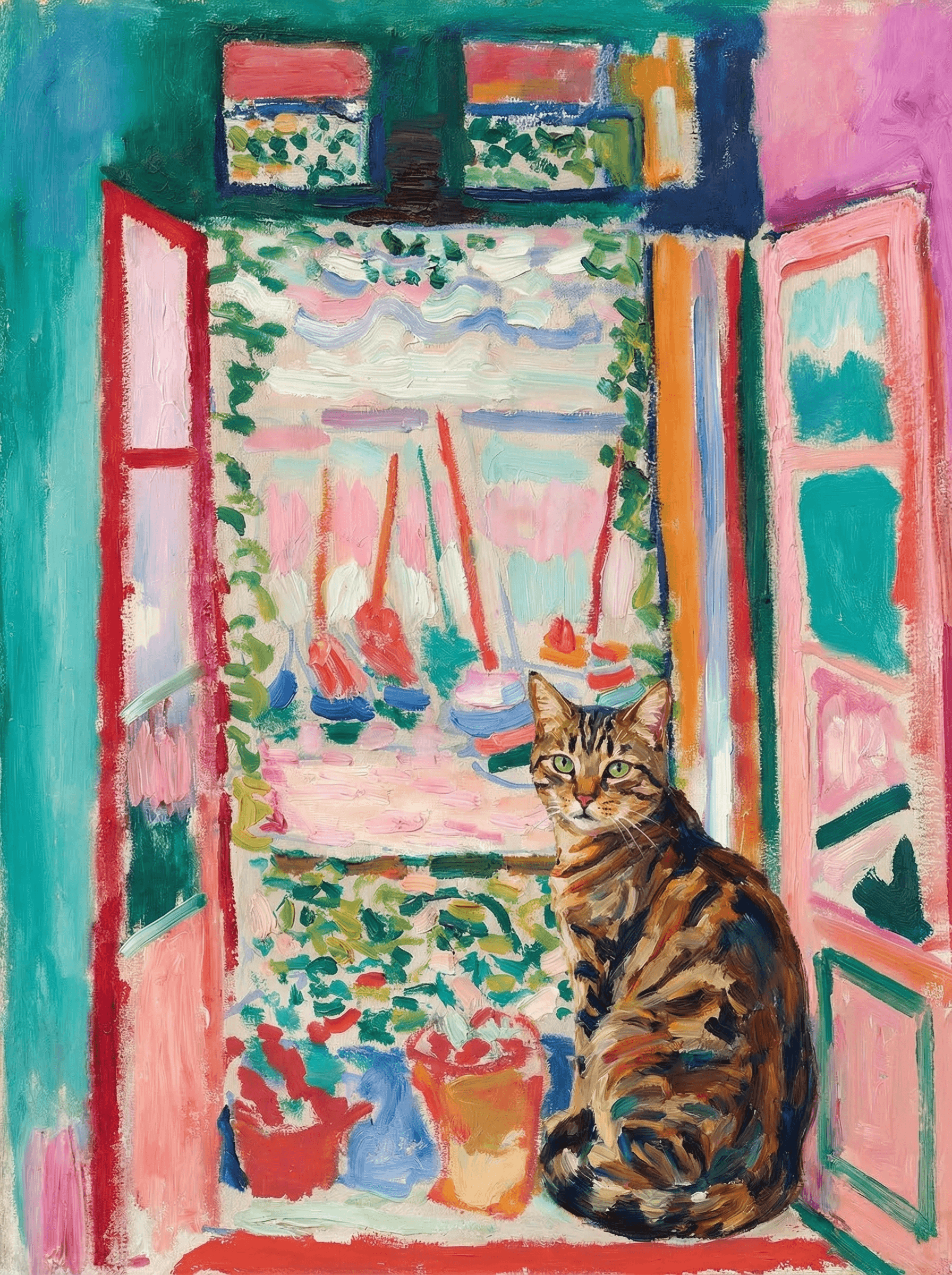 A pet sitting on the right bottom frame of an open door, with its back to the opening while facing the room, looking at the viewer, slight leaning on the right-side door panel. Paint in post-impressionism style. Use loosely painted, vibrantly colored, stylized, vertical painting.