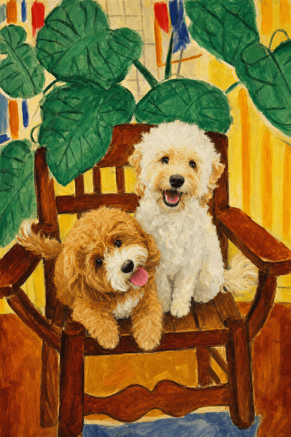 A pet sitting on a brown chair, looking at the viewer. Colors are applied with minimal blending, creating a flat, illustrative feel. The brushwork is broad, rapid, and direct. Strokes are loose, visible, applied thinly, defining the forms quickly without building up significant physical texture or impasto on the surface.