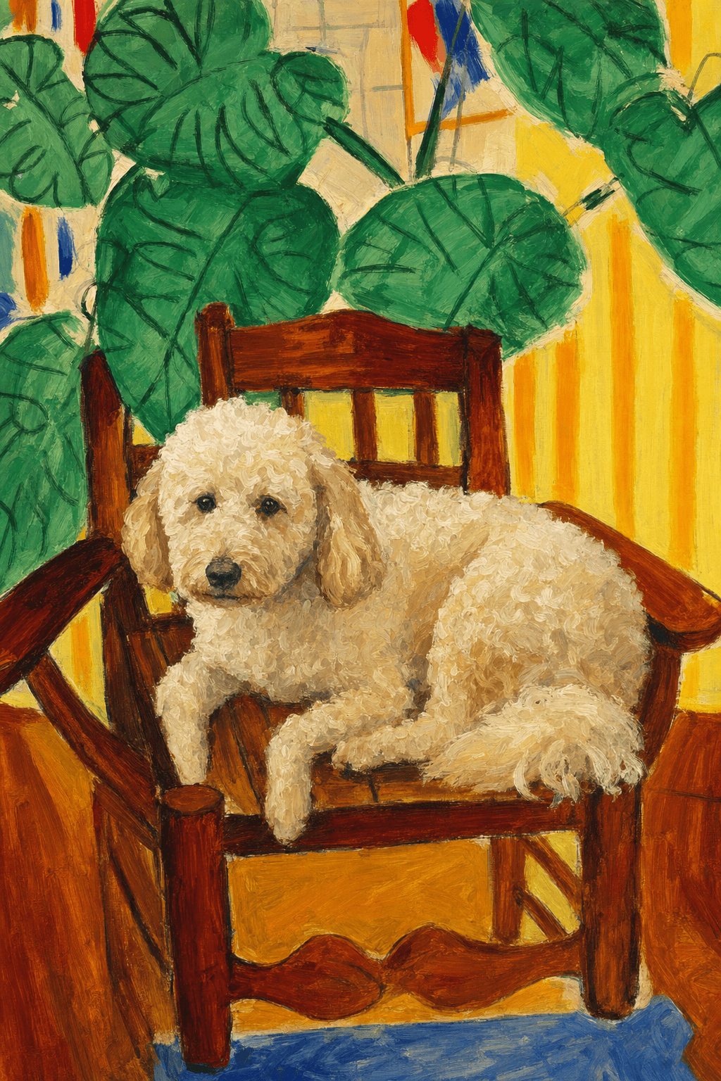 A pet sitting on a brown chair, looking at the viewer. Colors are applied with minimal blending, creating a flat, illustrative feel. The brushwork is broad, rapid, and direct. Strokes are loose, visible, applied thinly, defining the forms quickly without building up significant physical texture or impasto on the surface.