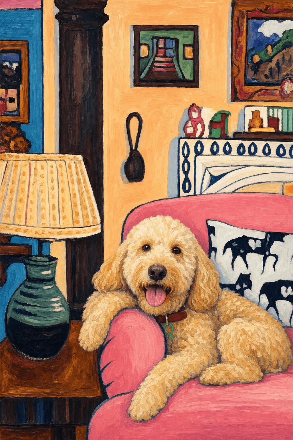 The painting shows a cozy, colorful interior with a warm peach wall and a large pink sofa in the foreground. 
      On the sofa is a white pillow patterned with black cow silhouettes, which adds a playful, rustic touch.
      The pet is resting lazily on a bright pink velvet couch. The husky’s head is rested on the arm of the couch, looked completely relaxed and content. 
      The overall mood is cheerful and intimate, with bold outlines, visible brushstrokes, and slightly simplified forms. 
      Paint in Fauvism, post-impressionism style. Use simplified shapes, exaggerates color, and flattens perspective to create charm and personality.
Use saturated, non-naturalistic colors and flattened perspective reminiscent of Henri Matisse.
The brushwork is loose, visible, and painterly, with uneven strokes that give the surface texture and movement.
The composition is flattened and slightly distorted, with compressed perspective.
The painting is expressive, utilizing thick, confident strokes and quick, rhythmic marks that prioritize texture and visual energy over realistic blending or depth.